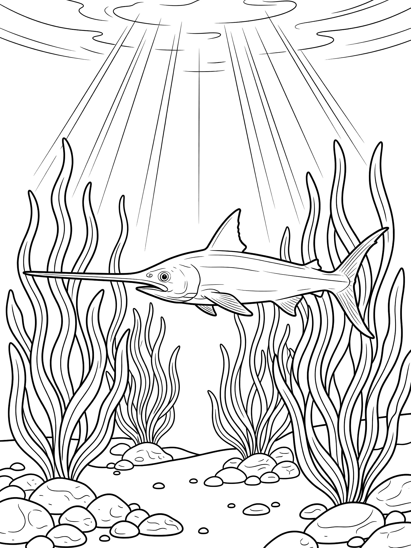 Black and white line art coloring page showing a swordfish with long bill swimming past tall seaweed, ocean floor pebbles, and sunlight beams filtering down.