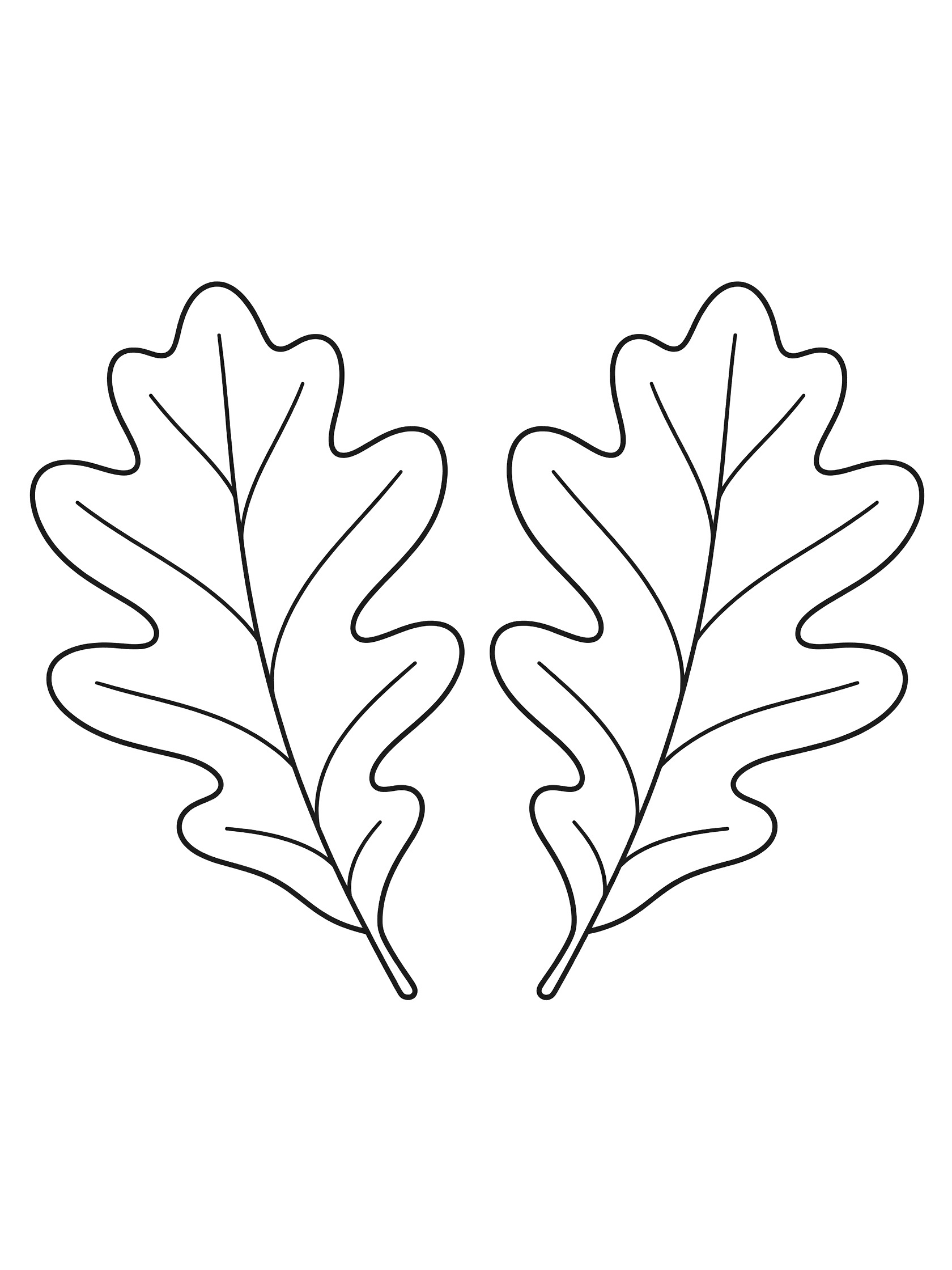 Black and white coloring page showing two identical oak leaves mirrored side by side with clean outlines. Oak Leaf themed black and white printable line art