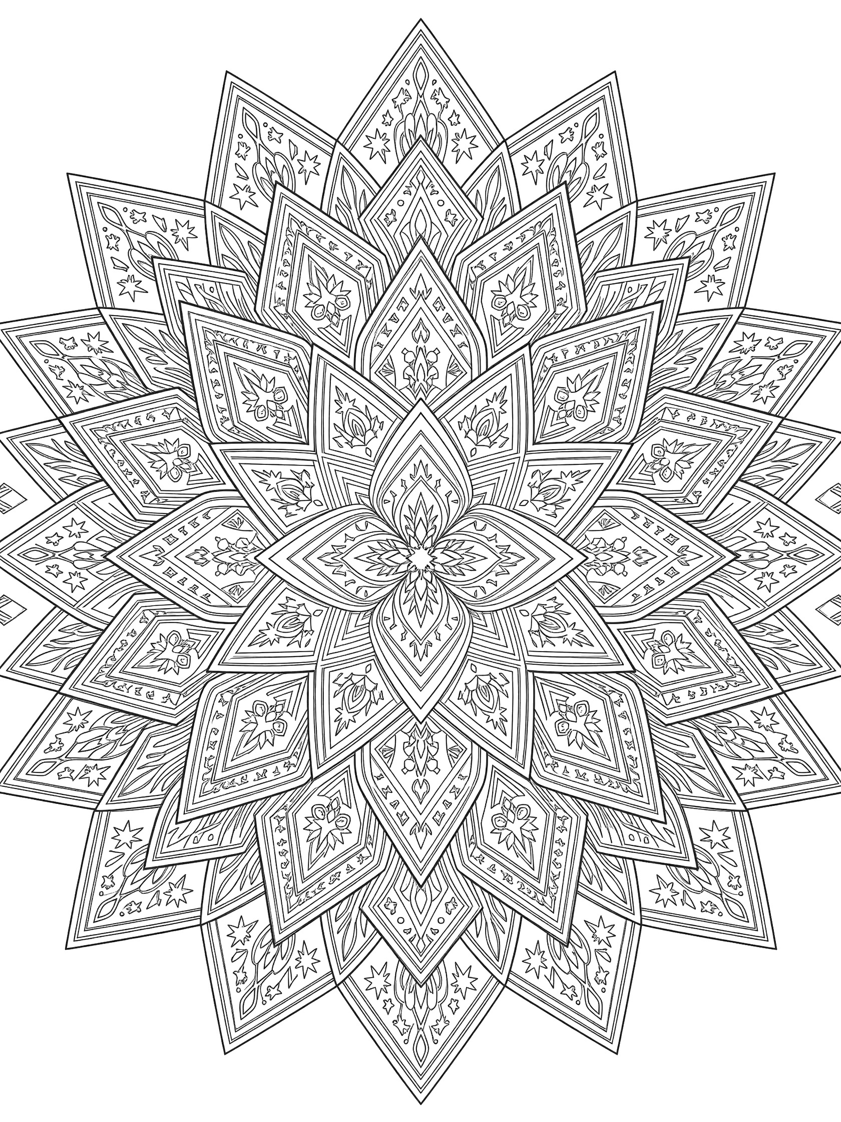 Intricate symmetrical diamonds mandala coloring page with radiating layers of diamonds, starry facets, and geometric patterns on white background.
