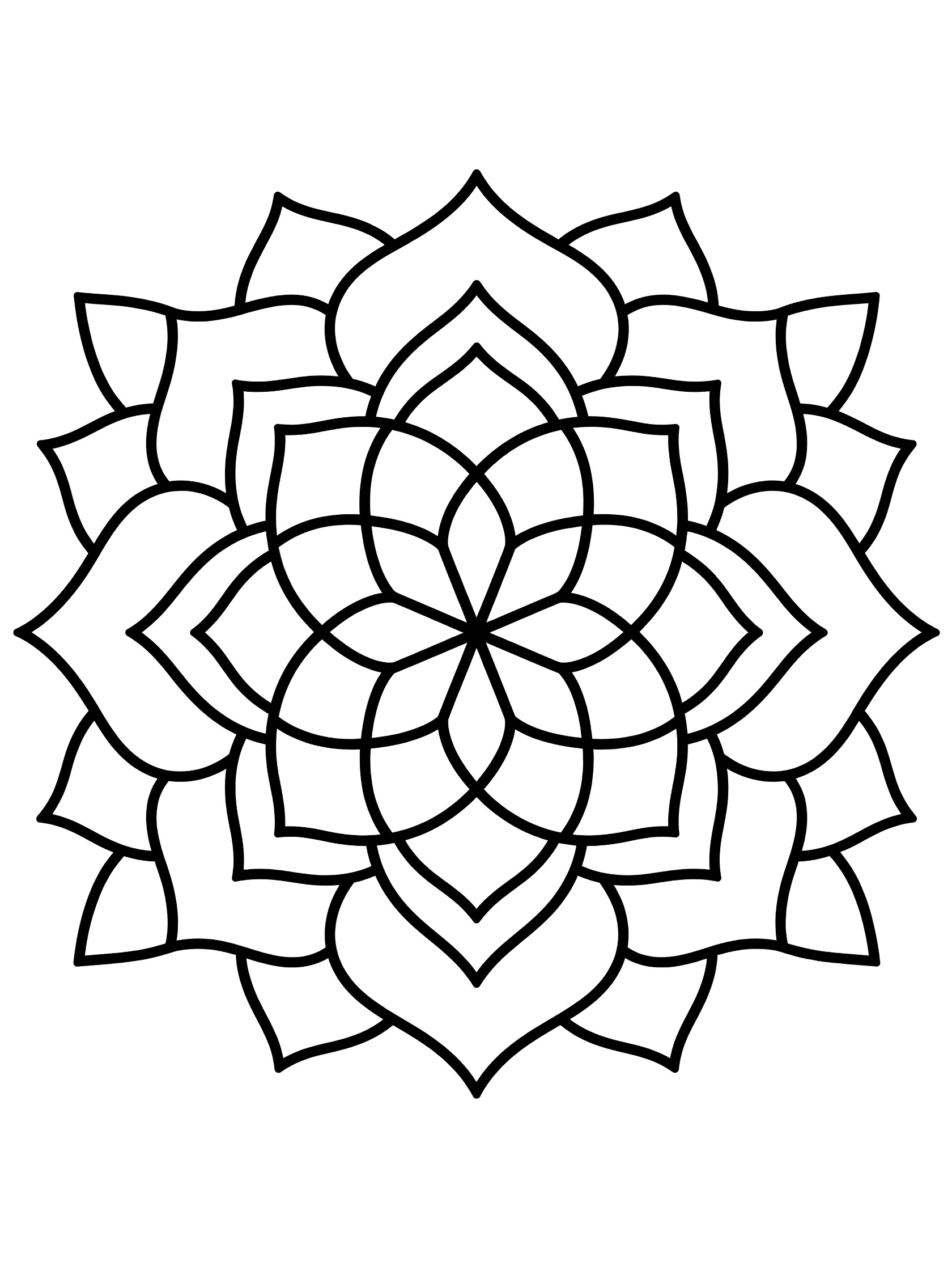 Black and white line art of a symmetrical flower mandala with curved petal shapes in repeating patterns around a central point, fully enclosed for easy coloring. Rose Mandala themed black and white printable line art