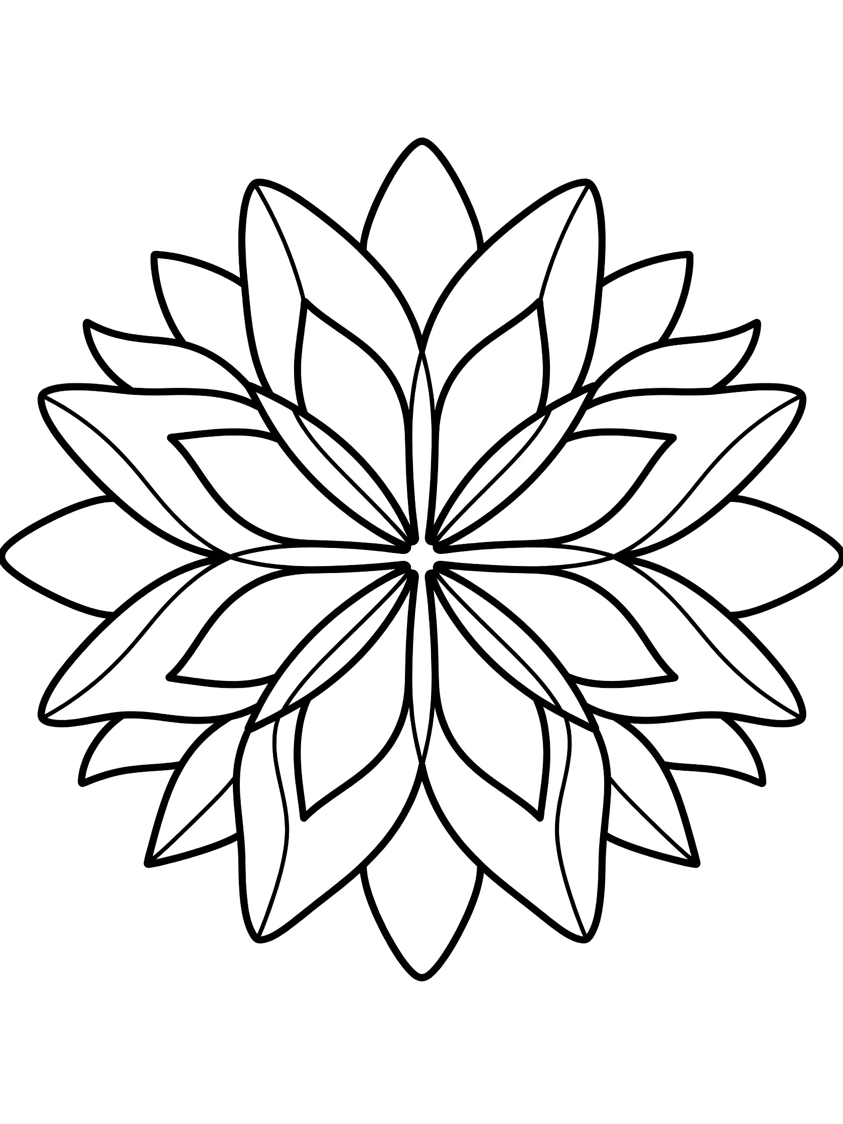 Black and white line drawing of a symmetrical flower mandala with large curved petals forming a circular pattern, fully outlined for easy coloring. Lily Mandala themed black and white printable line art