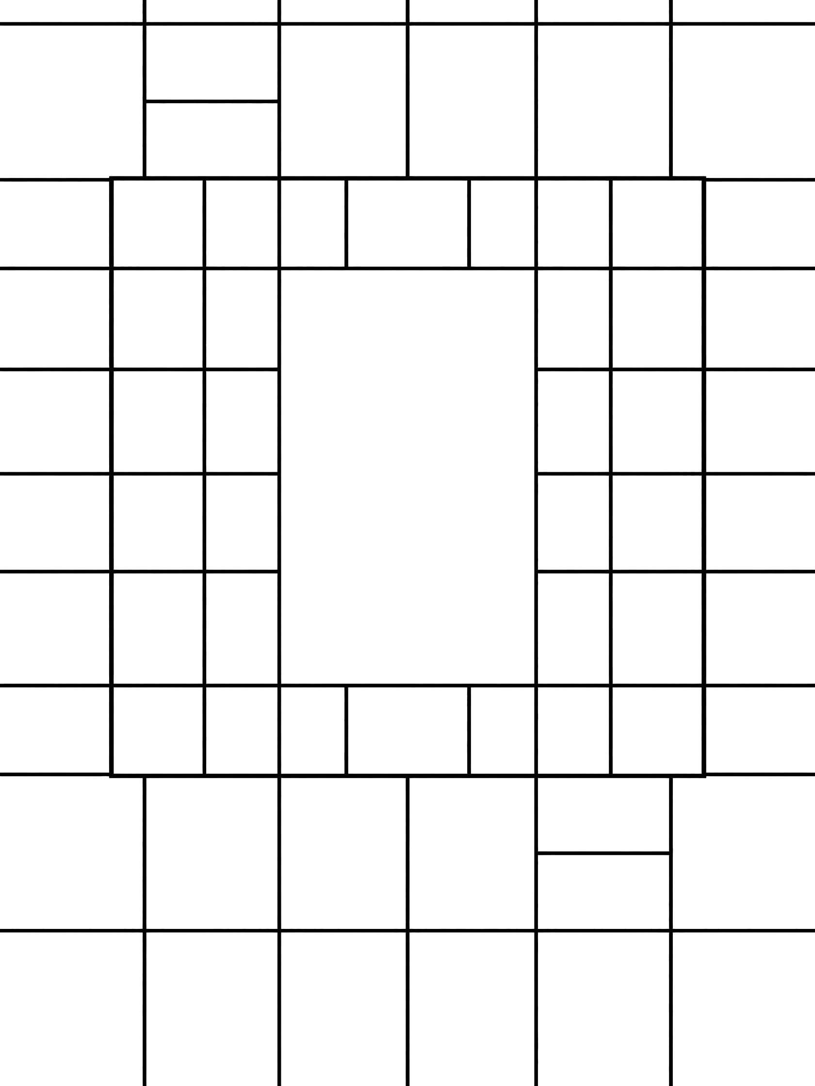 Black and white printable coloring page of a symmetrical grid pattern featuring a large central square with smaller grid squares and crossing lines, clean line art style. Grids themed black and white printable line art