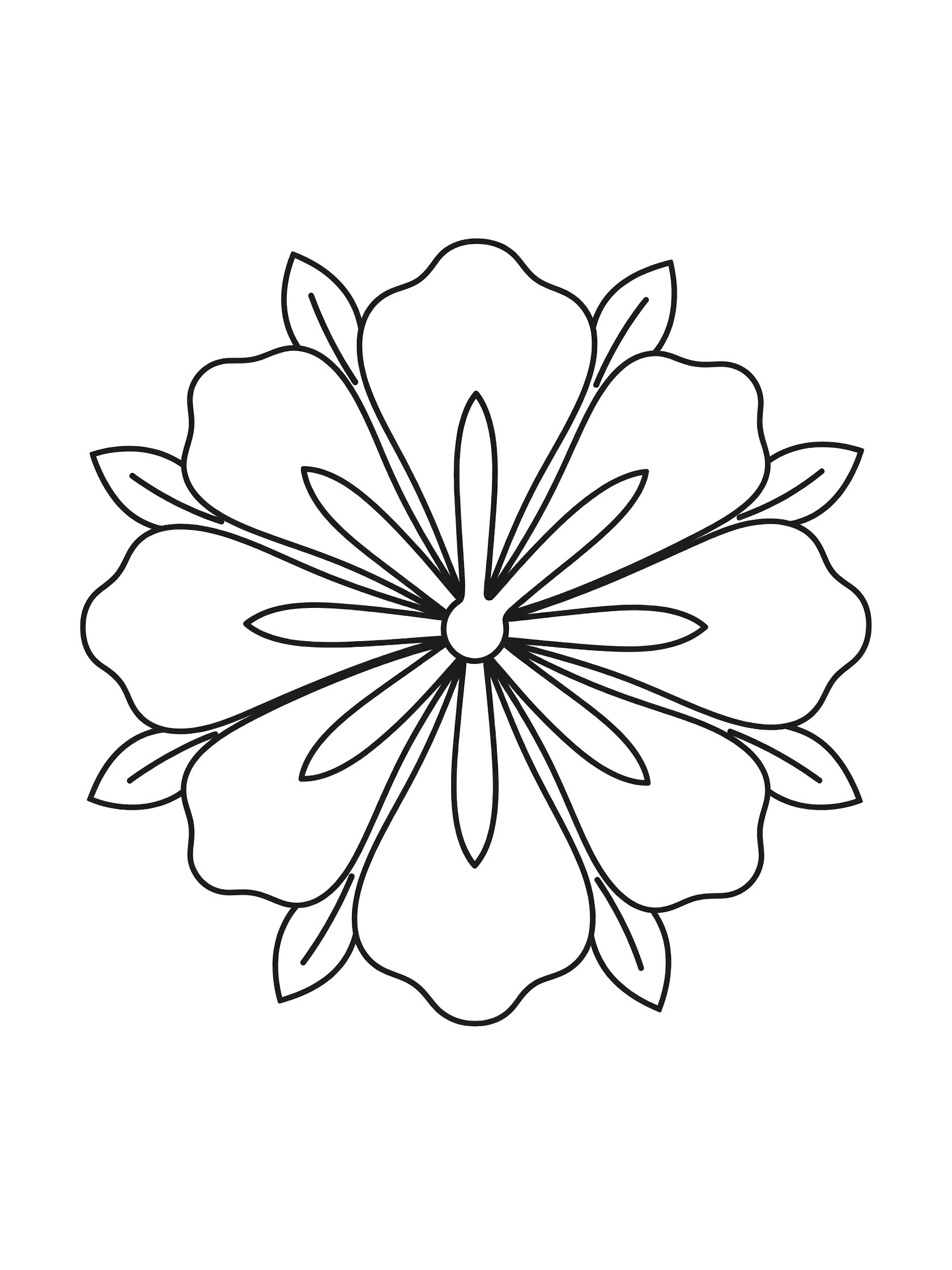 Black and white line art of a symmetrical hibiscus mandala with radiating bold petals and minimal leaf shapes, fully enclosed for easy coloring.