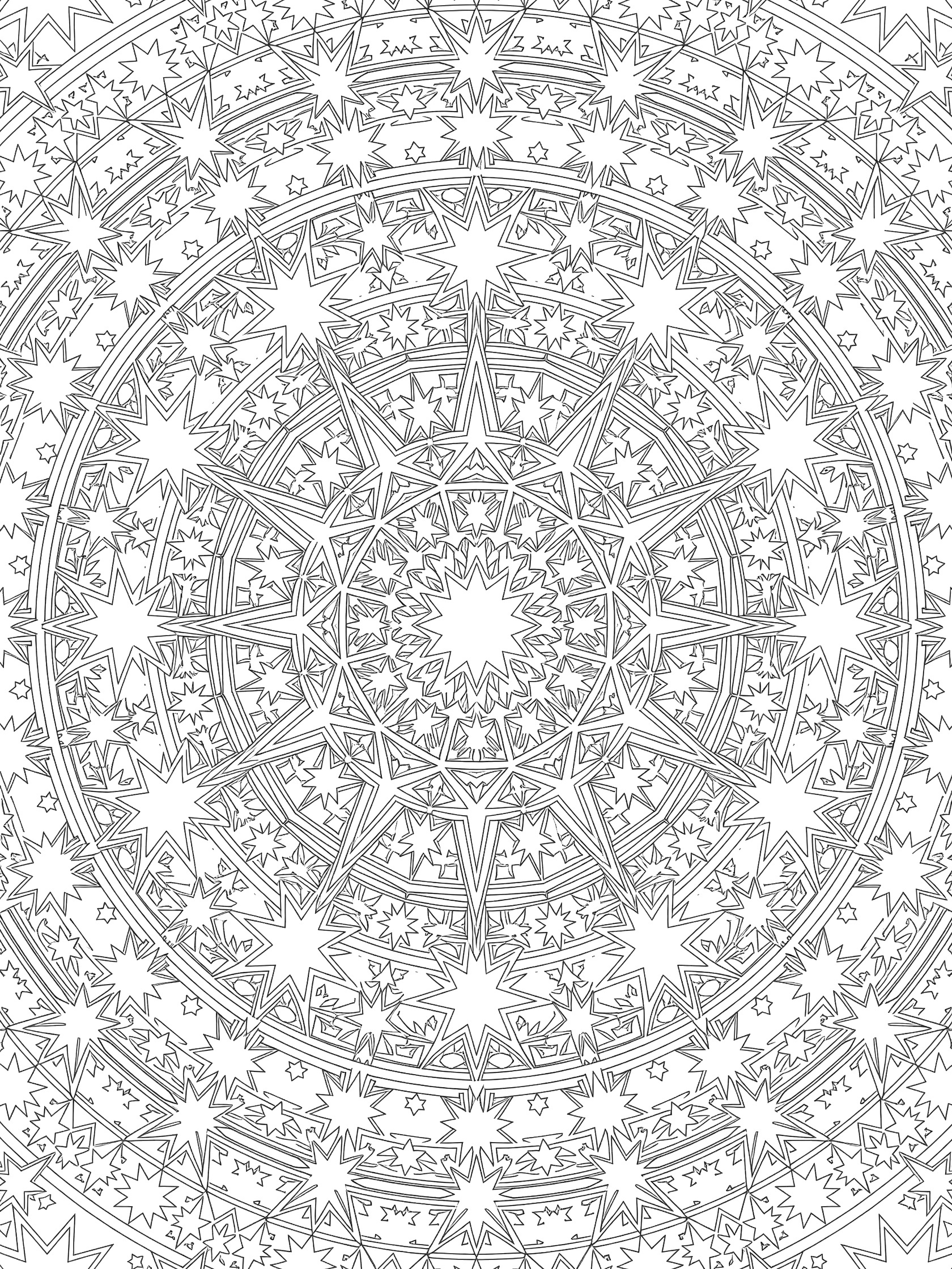 Detailed line art coloring page featuring a symmetrical pattern of interlocking stars with a large central star and radiating geometric shapes.