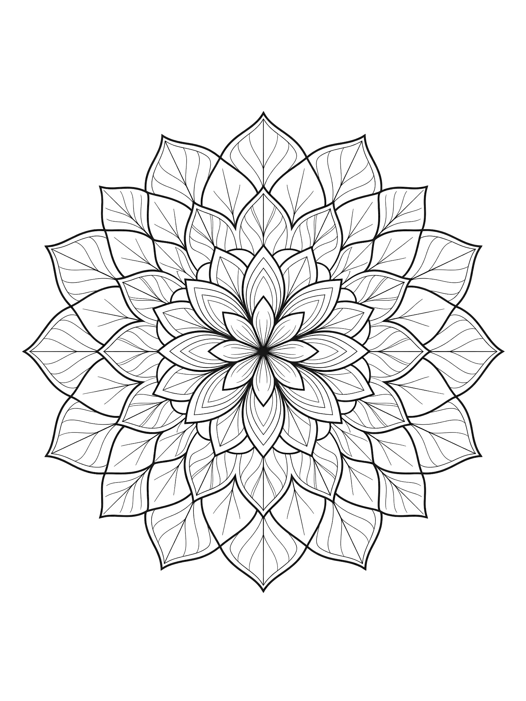 Black and white symmetrical lotus mandala coloring page featuring layered leaf shapes and central bud in eightfold pattern with clean outlines.