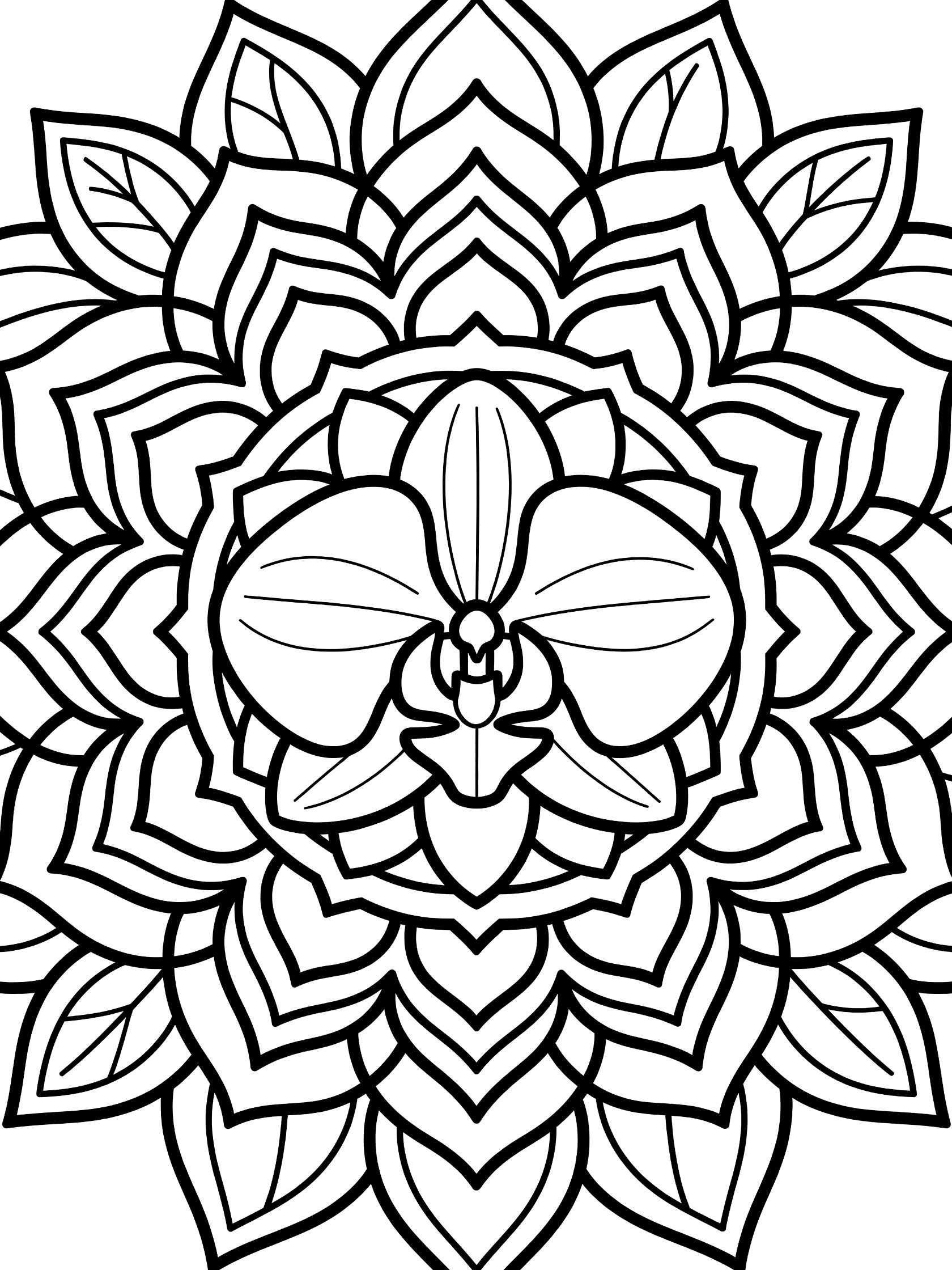 Black and white printable coloring page of a symmetrical mandala featuring a large central orchid flower surrounded by thick-lined repeating petals and simple leaf shapes.