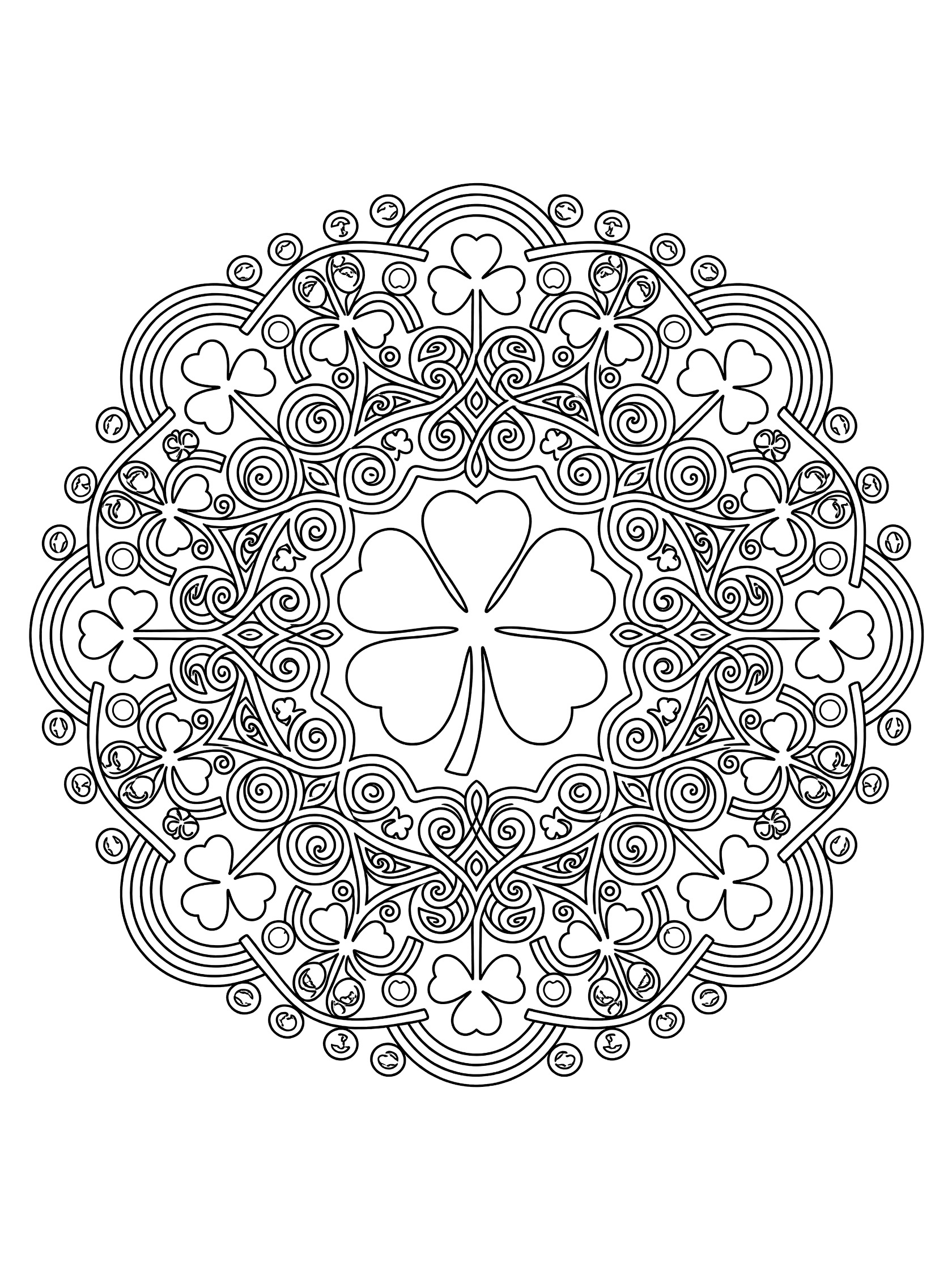 Detailed symmetrical shamrock mandala coloring page featuring central four-leaf clover with heart-shaped leaves, swirling Celtic knots, and layered borders.