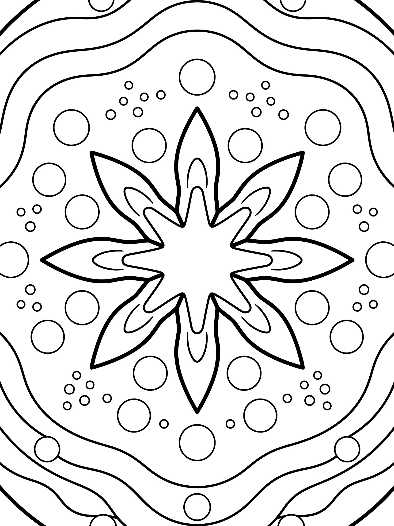 Symmetrical eight-pointed star mandala coloring page with bold outlines, repeating circles, dots, and soft waves on white background.