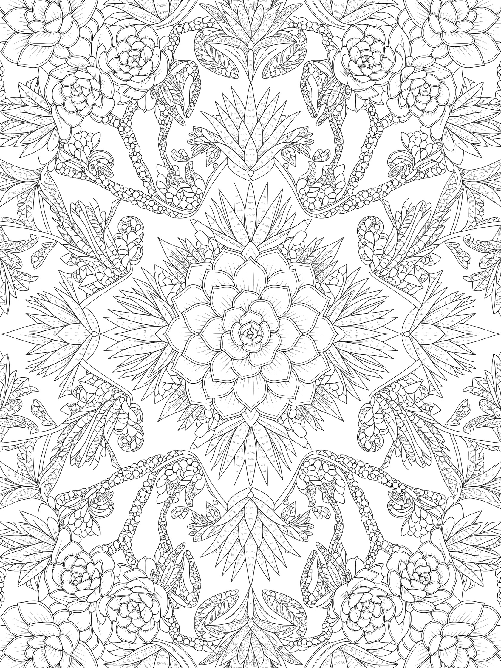 Black and white line art of a symmetrical succulent mandala pattern with detailed rosettes, leaves, stems, and textures radiating from the center.