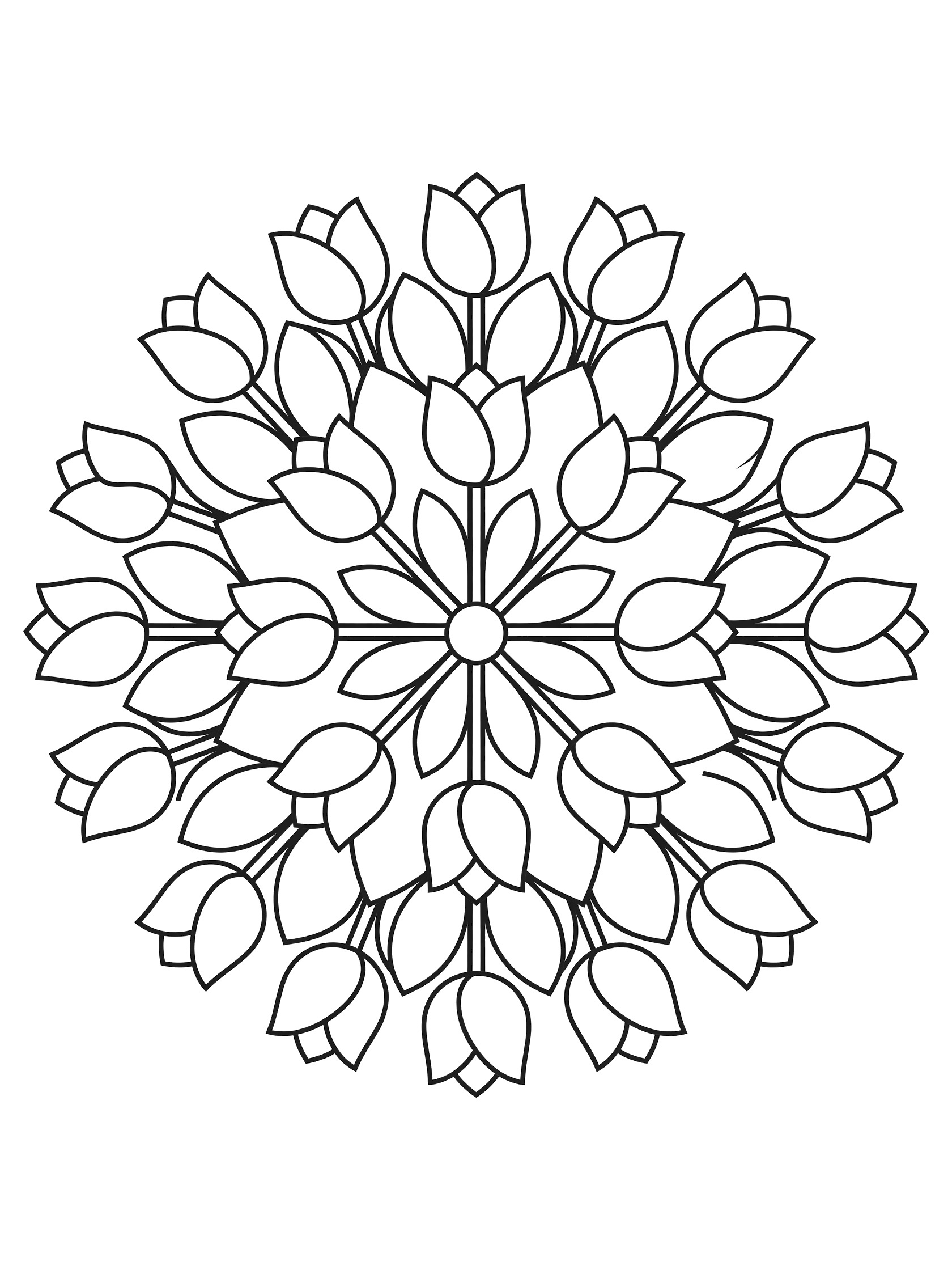 Symmetrical tulip mandala coloring page featuring repeating tulip petals radiating from the center with leaf and stem patterns in clean black outlines on white background.