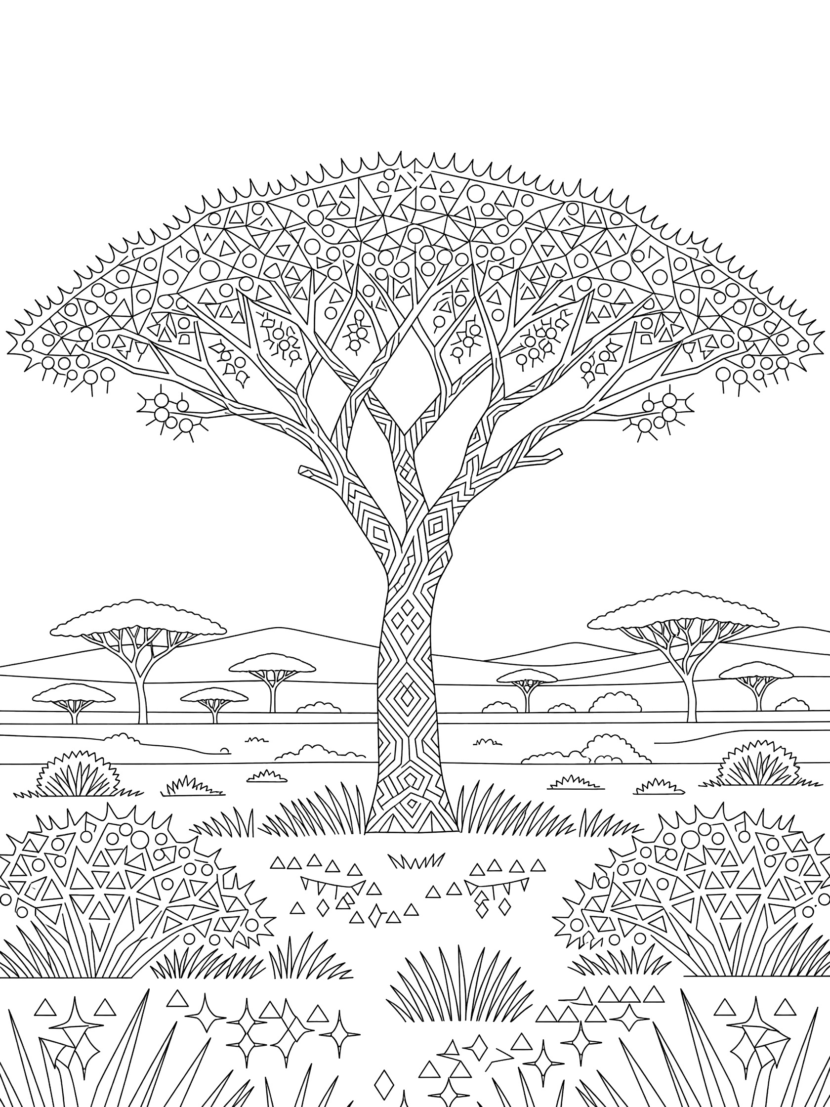 Black and white coloring page of a symmetrical Umbrella Thorn Acacia Tree with geometric flat-top canopy, intricate trunk, foreground grasses and thorns, hills, and savanna silhouettes.