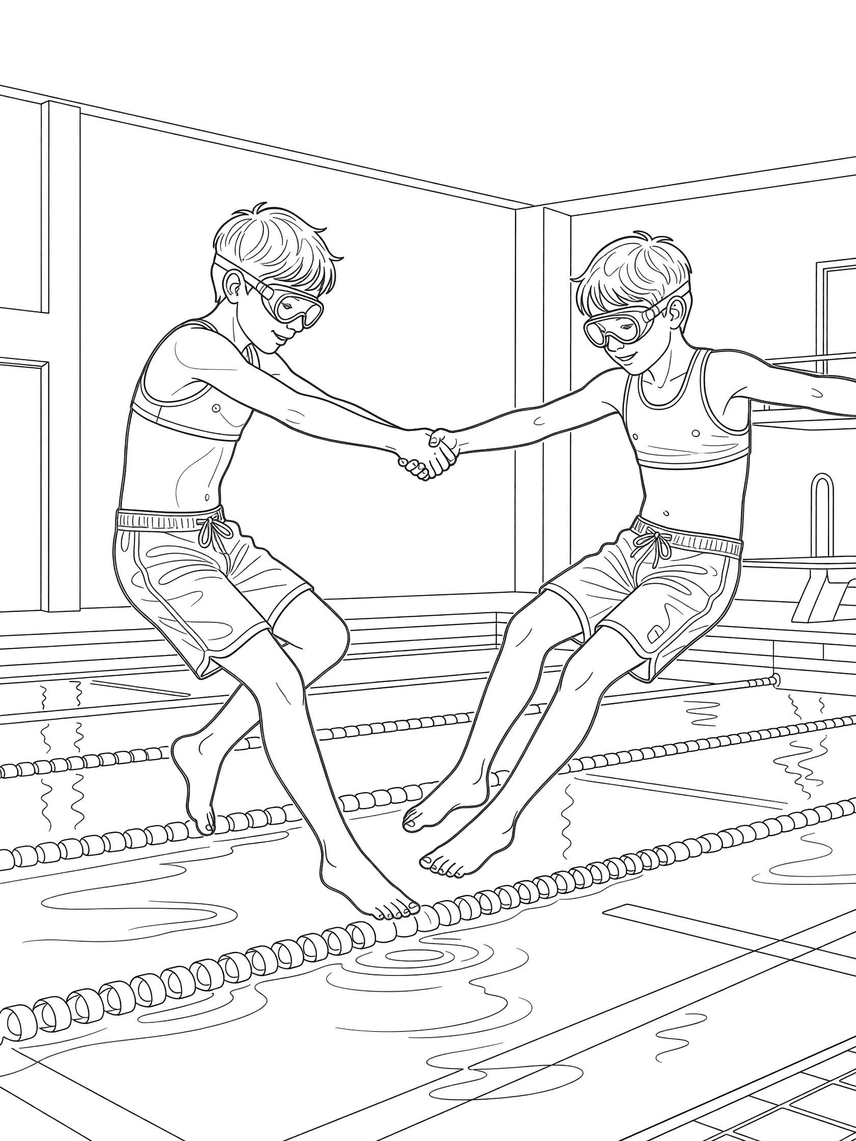Black-and-white coloring page of two young synchronized divers twisting and holding hands above a pool with lane dividers.