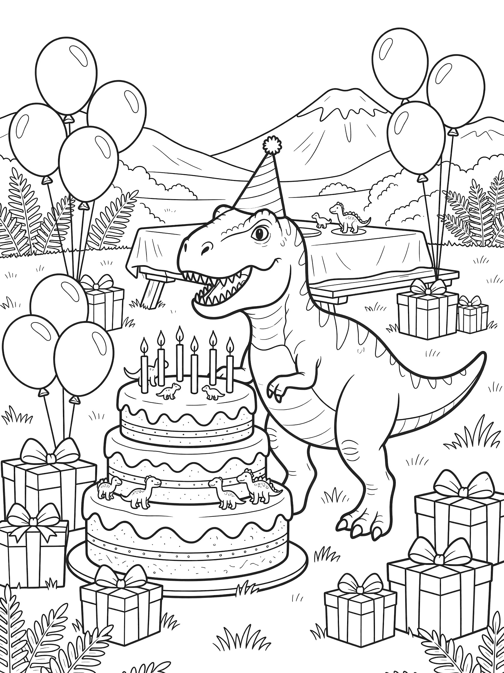 Line art coloring page showing a friendly T-Rex in a party hat blowing out 5 candles on a birthday cake surrounded by balloons and gifts in a meadow with volcano hills.