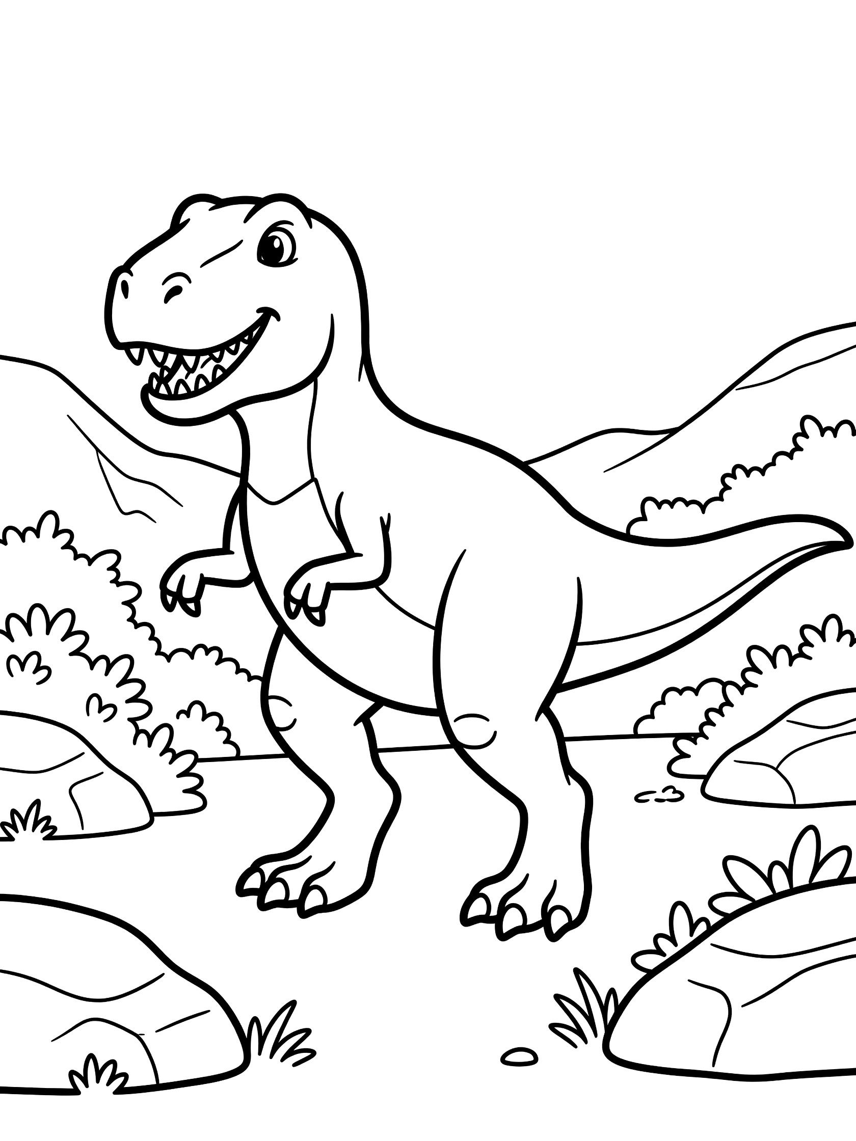 Black and white line art of a cheerful T-Rex dinosaur striding on two legs with small arms, big smile, tail, rocks, bushes, and valley background. Tyrannosaurus Rex themed black and white printable line art