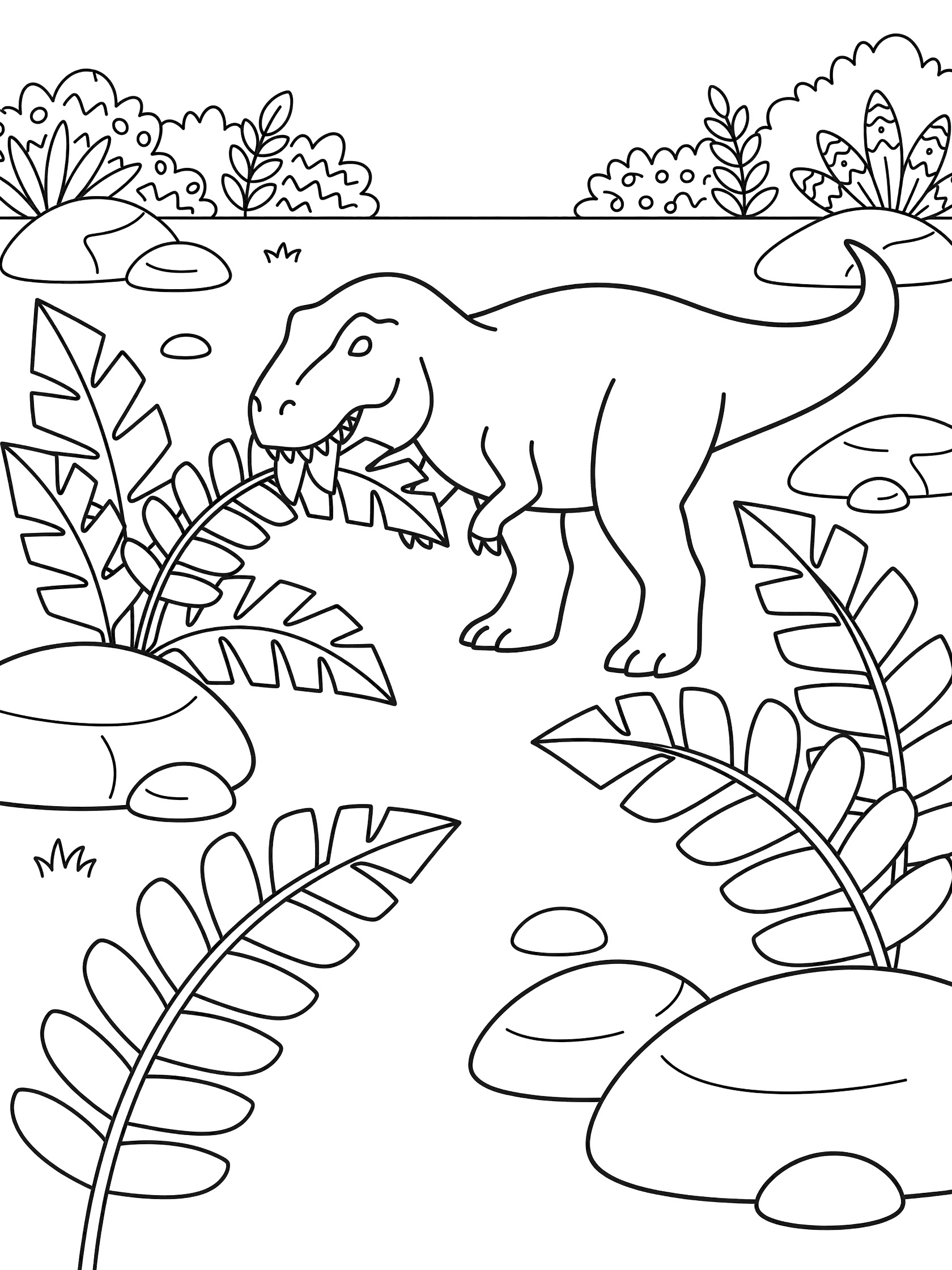 Black and white line art coloring page of a T-Rex dinosaur eating giant fern leaves surrounded by rocks and simple plants. Vastatosaurus Rex themed black and white printable line art