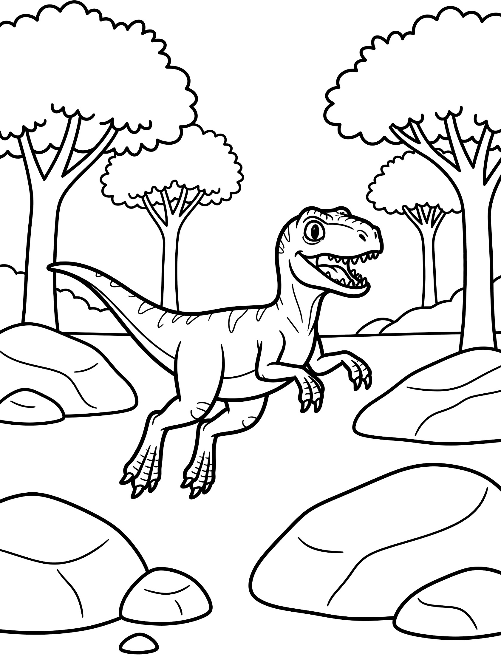 Cute T-Rex dinosaur mid-jump over large rocks in a simple forest with trees, black line art coloring page for kids. Velociraptor themed black and white printable line art