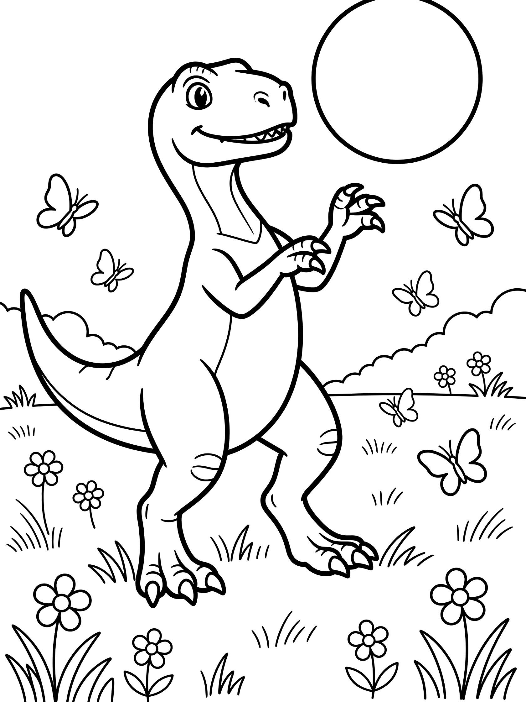 Black and white line art coloring page showing a friendly T-Rex dinosaur standing on hind legs reaching claws toward a large round moon, surrounded by flowers, butterflies and grass in a meadow. Indoraptor themed black and white printable line art
