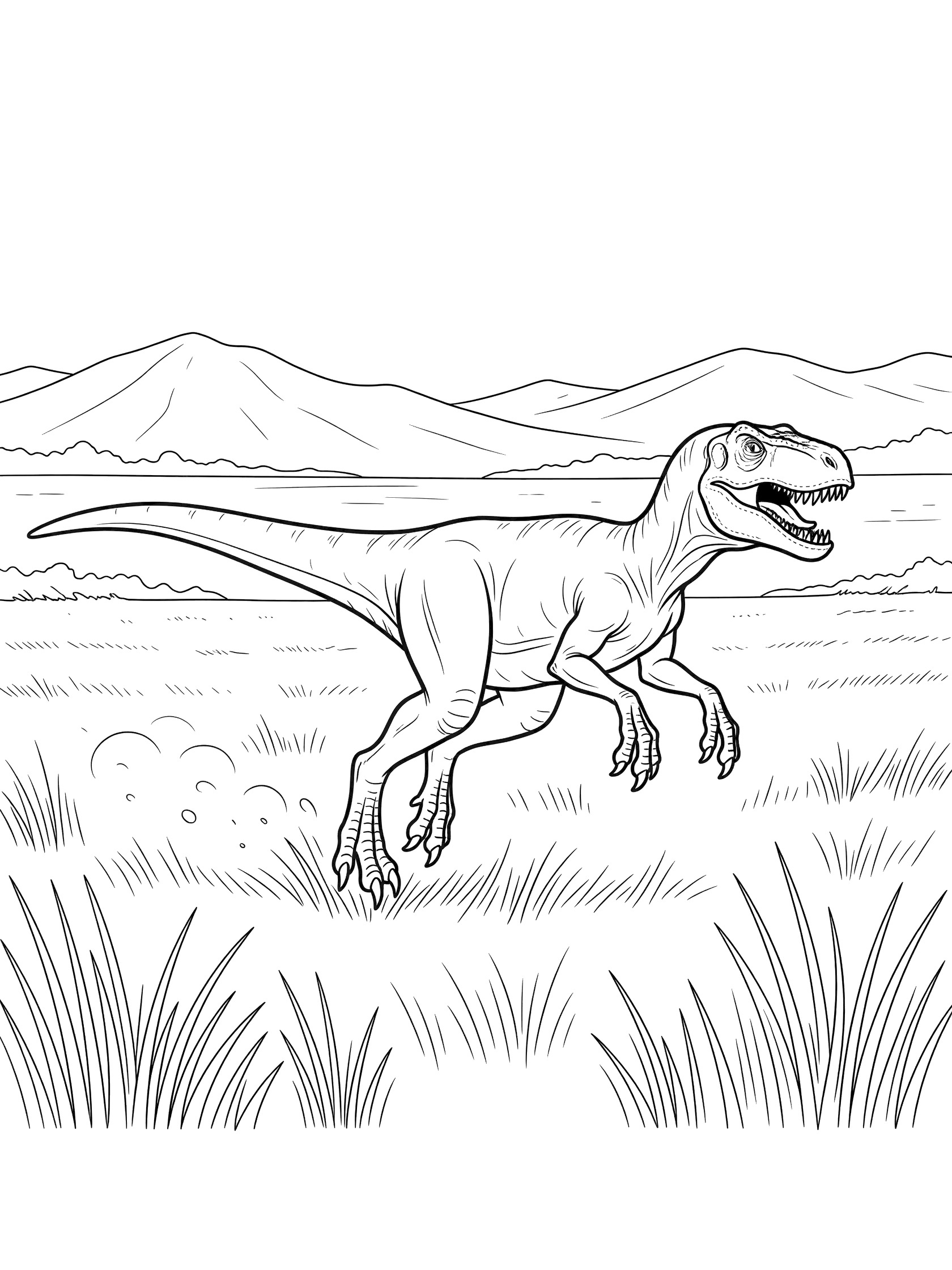 Black and white line art coloring page showing a T-Rex dinosaur running with open mouth, long tail, claws in grass, tall grass around feet, and mountains in background. Velociraptor themed black and white printable line art