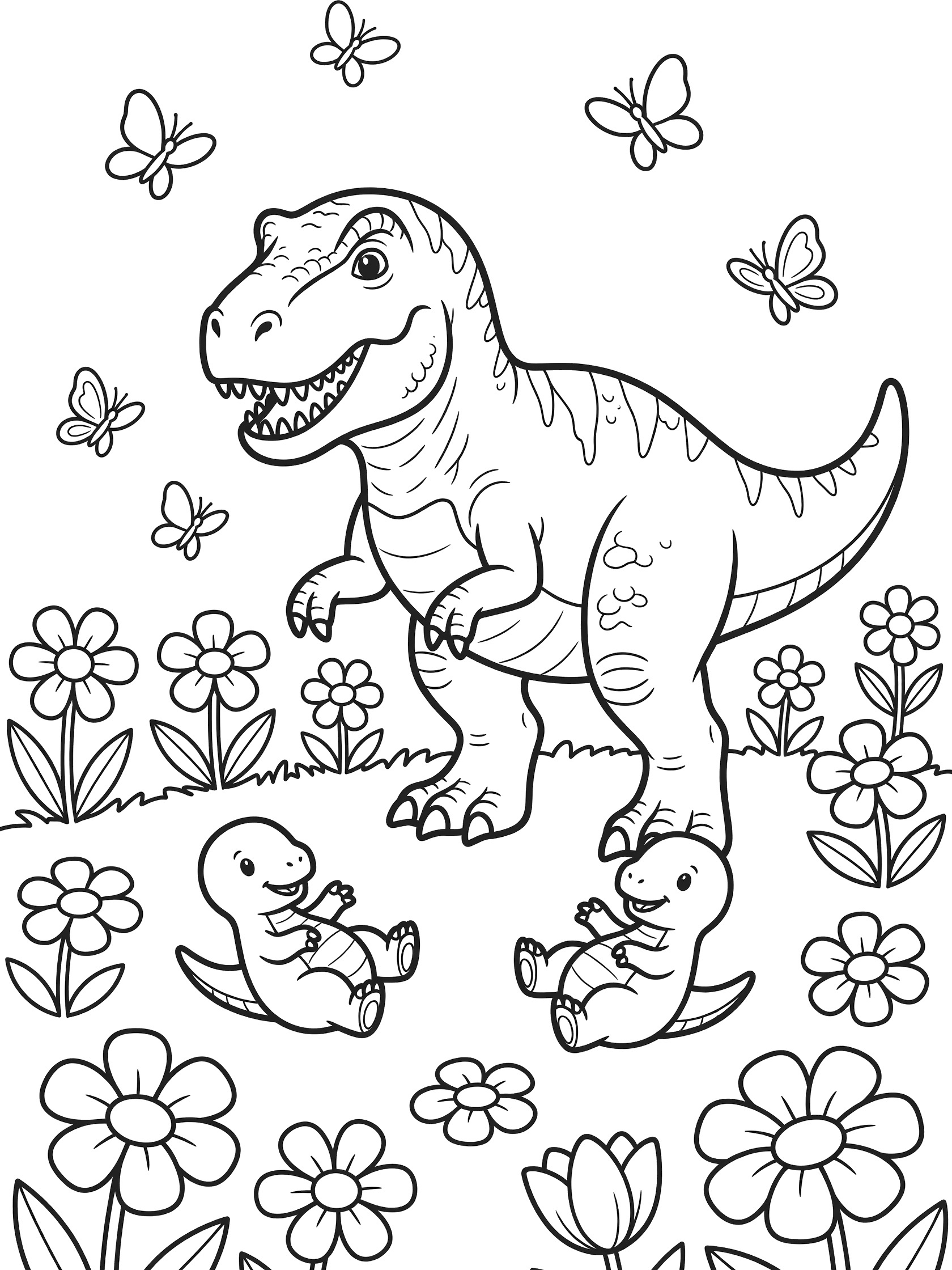 Black and white line art coloring page showing a large T-Rex dinosaur smiling with two tiny baby dinosaurs sitting in flower patches, butterflies flying above, clean outlines on white background. Vastatosaurus Rex themed black and white printable line art