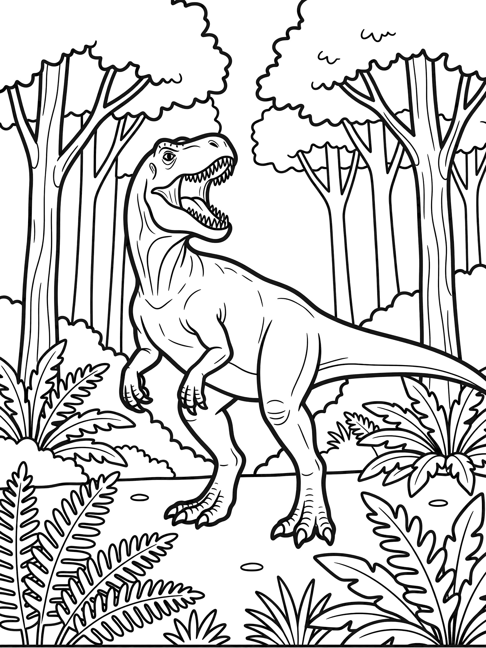 Black and white line art coloring page showing a T-Rex dinosaur roaring in a prehistoric forest with tall trees and ferns around it. Albertosaurus themed black and white printable line art