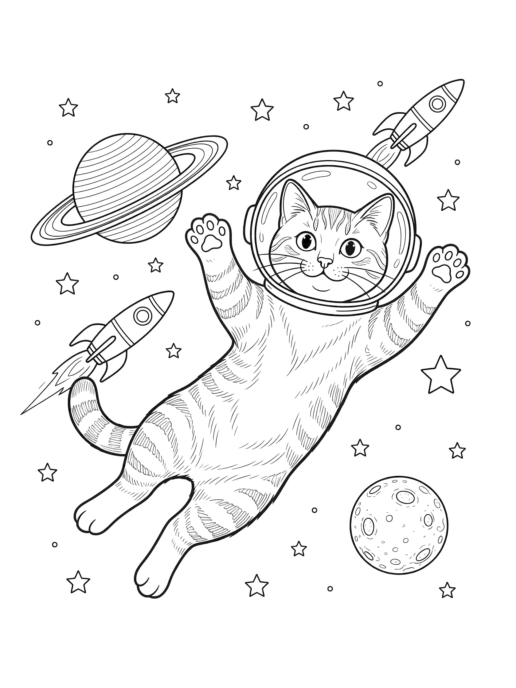 Black and white line art of a tabby cat astronaut waving paws in space, surrounded by stars, planets, moon, and rockets. Printable coloring page. Tabby Cats themed black and white printable line art