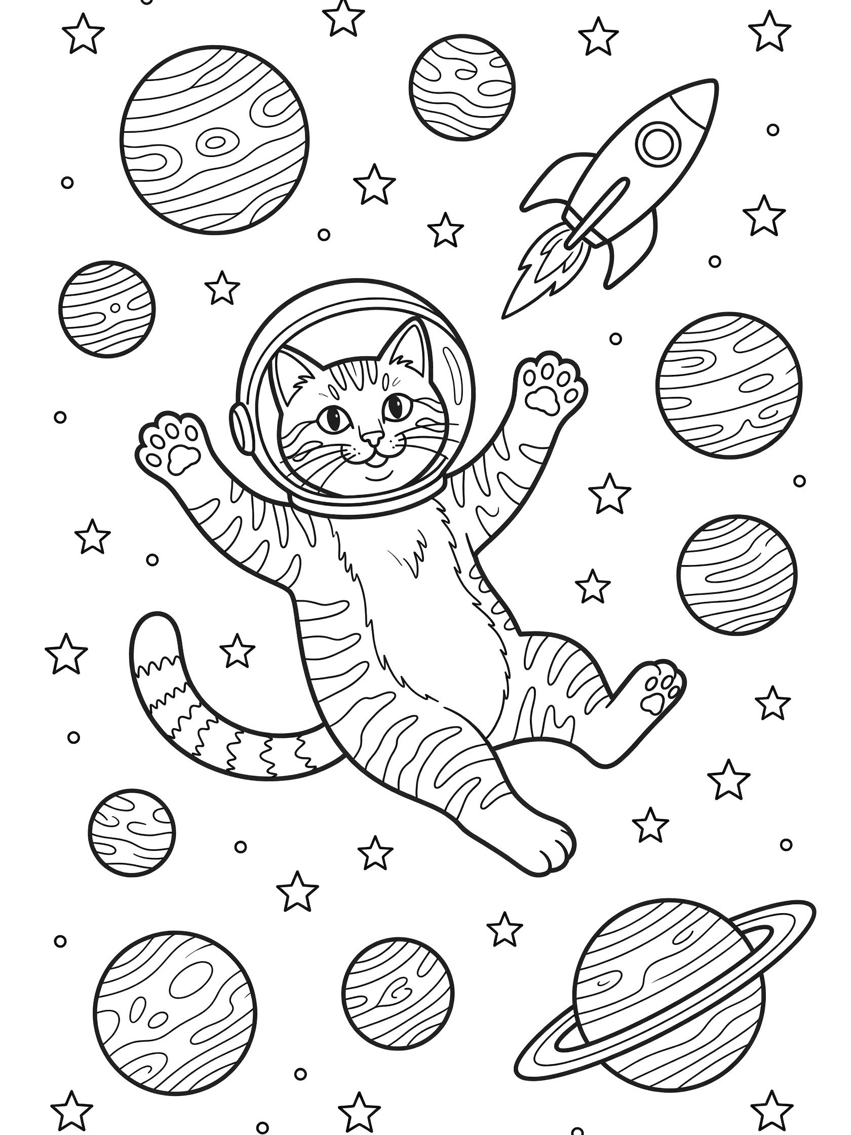 Printable coloring page showing a tabby cat in astronaut helmet waving paws in space surrounded by planets, stars and a rocket ship. Tabby Cats themed black and white printable line art