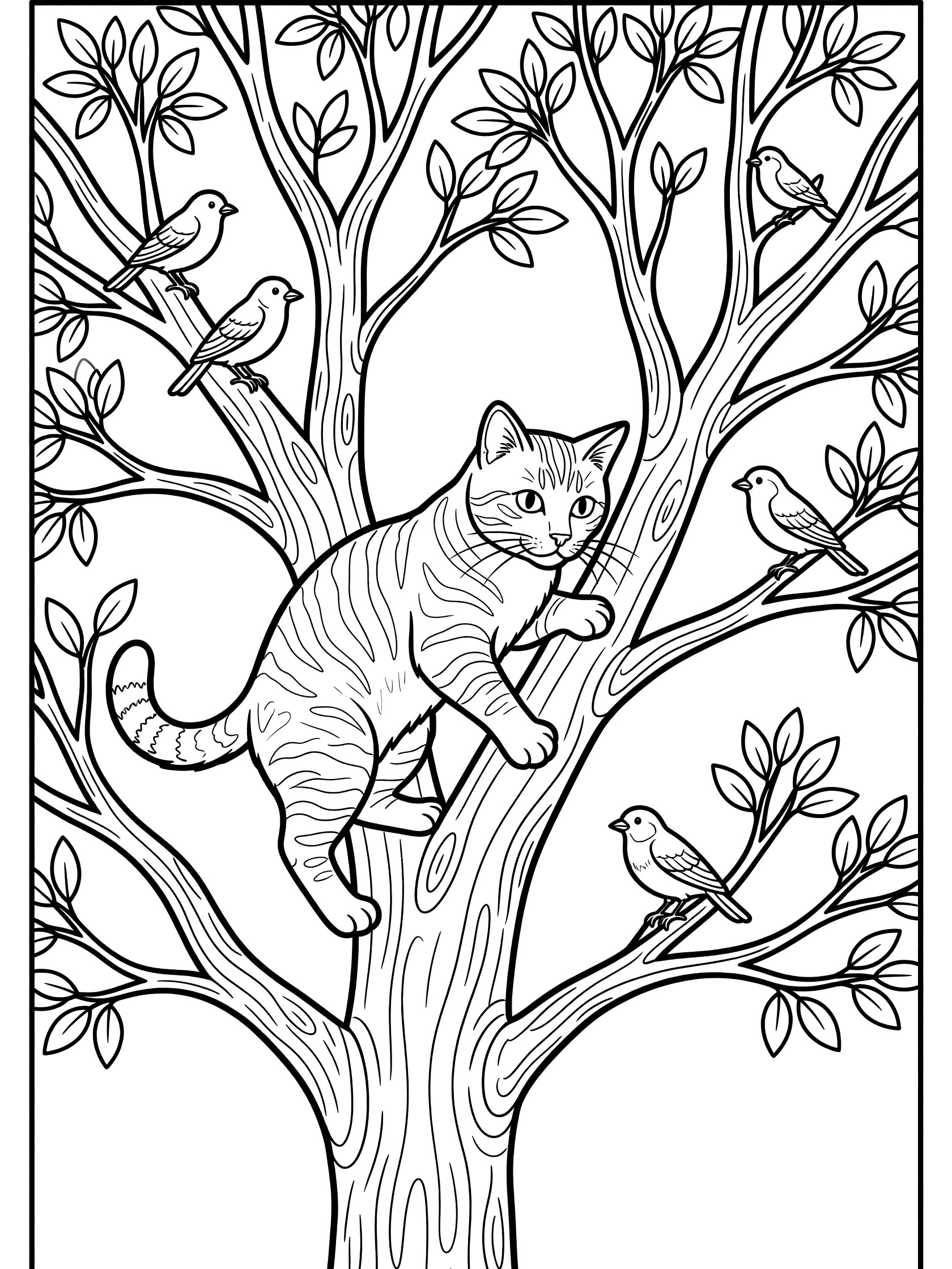 Black and white line art coloring page showing a striped tabby cat climbing a tree with knotted branches, leaves, and small birds perched nearby. Tabby Cats themed black and white printable line art