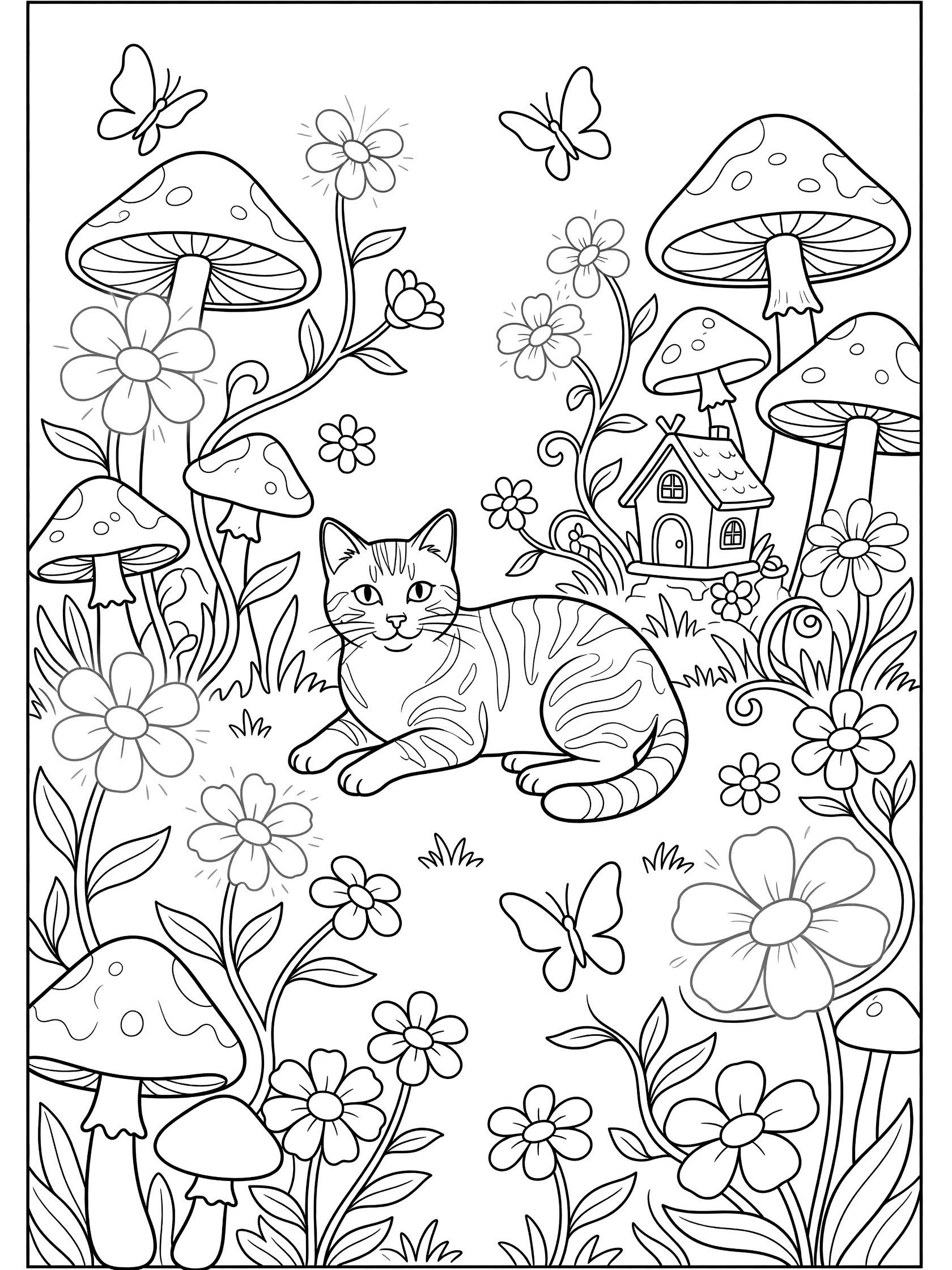 Black and white line art coloring page showing a tabby cat sitting in an enchanted garden surrounded by mushrooms, flowers, butterflies, magical vines, and a small fairy house. Tabby Cats themed black and white printable line art