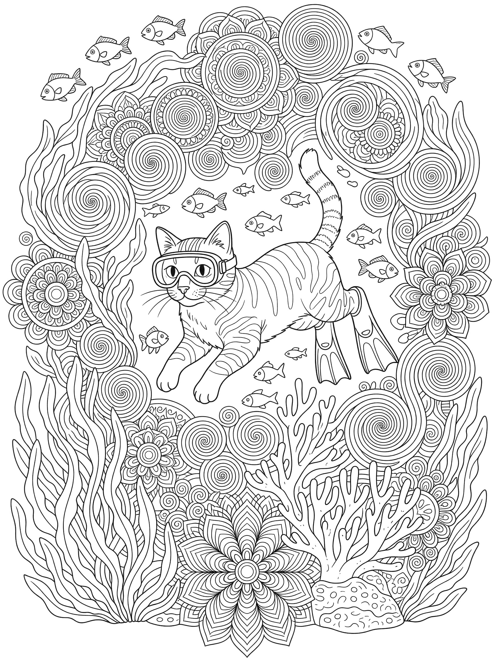 Printable coloring page featuring a tabby cat swimming underwater wearing snorkel goggles and flippers, surrounded by fish, swirling seaweed, bubbles, and mandala coral patterns.
