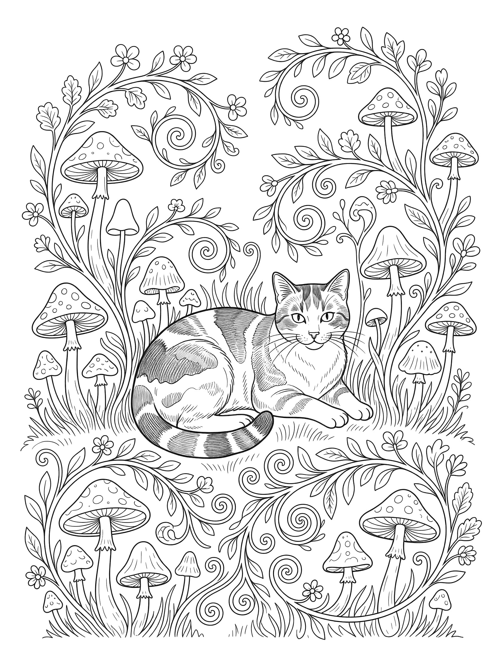 Black and white coloring page of a tabby cat with striped fur sitting in a meadow surrounded by mushrooms, vines, and leaves. Calico Cats themed black and white printable line art