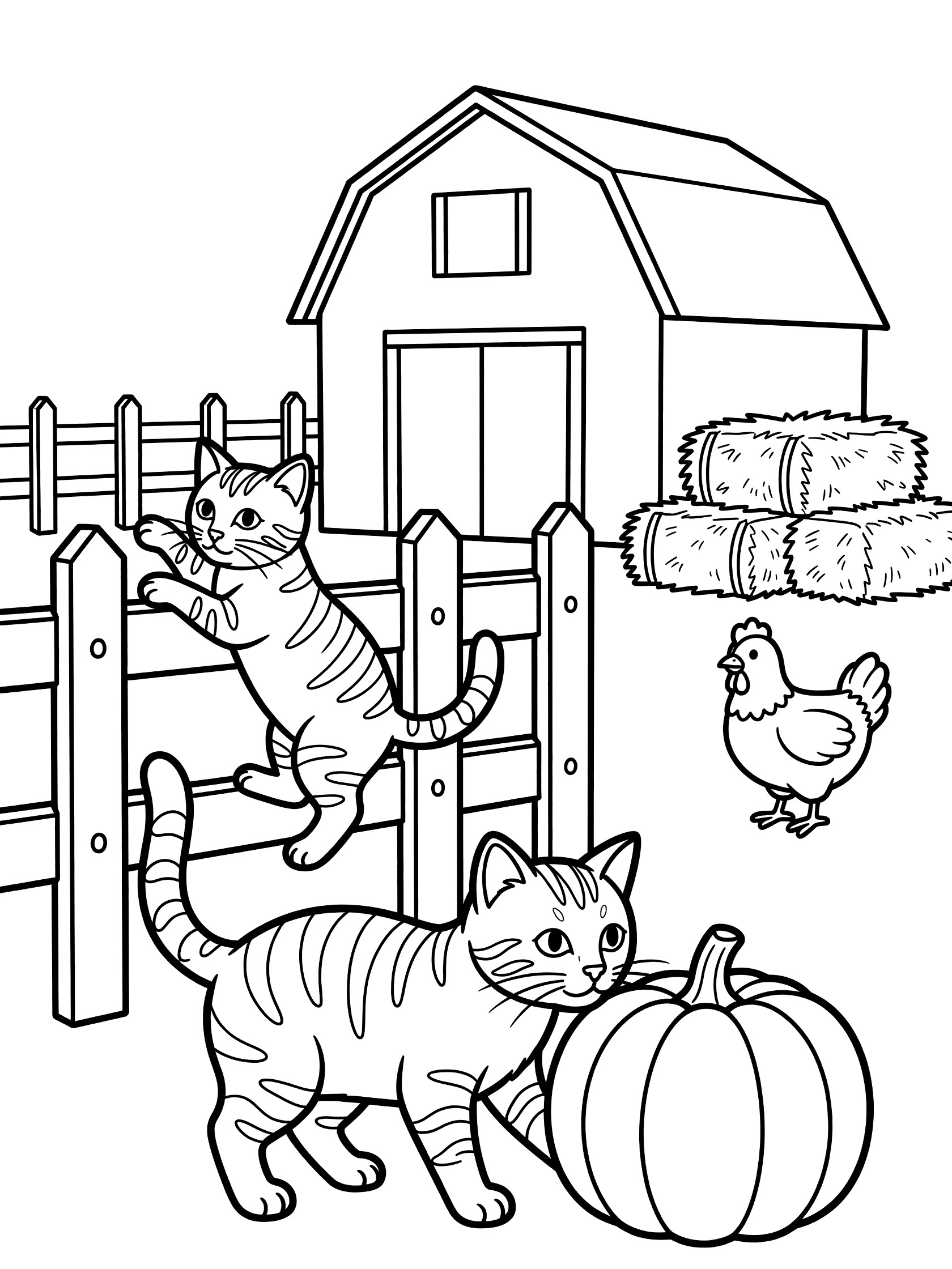 Black and white line art coloring page with two tabby cats exploring farmyard: one climbing wooden fence, one sniffing pumpkin, barn, hay bales, and chicken in background.