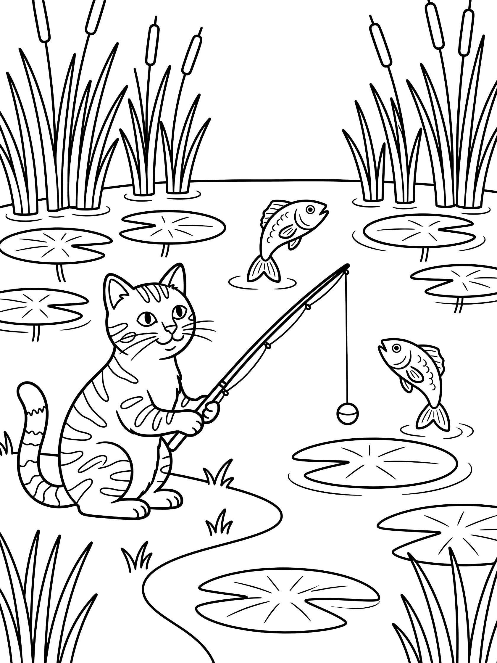 Printable coloring page showing a cute tabby kitten sitting by a pond, holding a fishing rod with bobber, lily pads, reeds and playful jumping fish in clean line art.