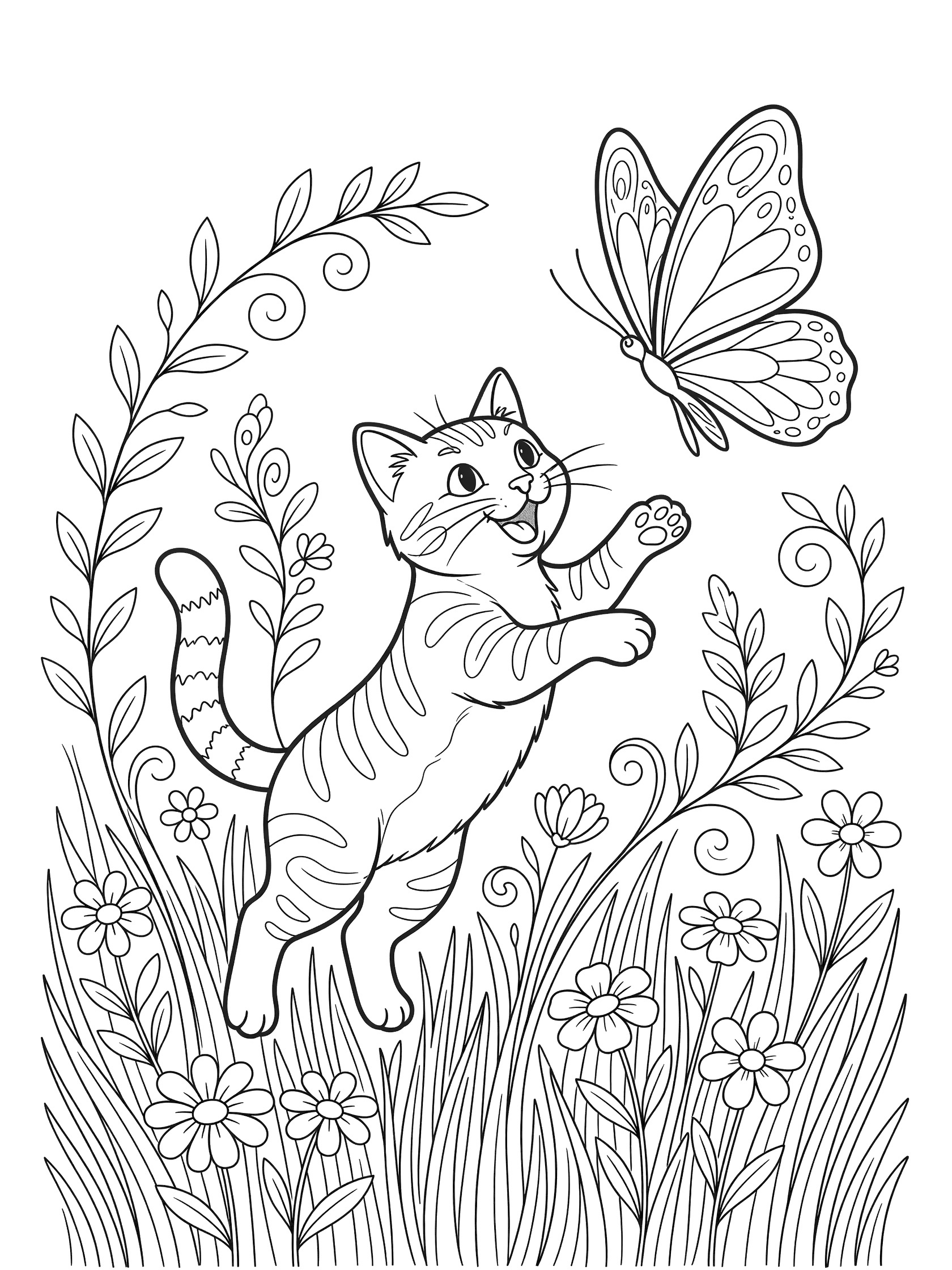 Printable coloring page showing a tabby cat kitten jumping playfully to catch a large butterfly surrounded by grass, flowers, vines and leaves