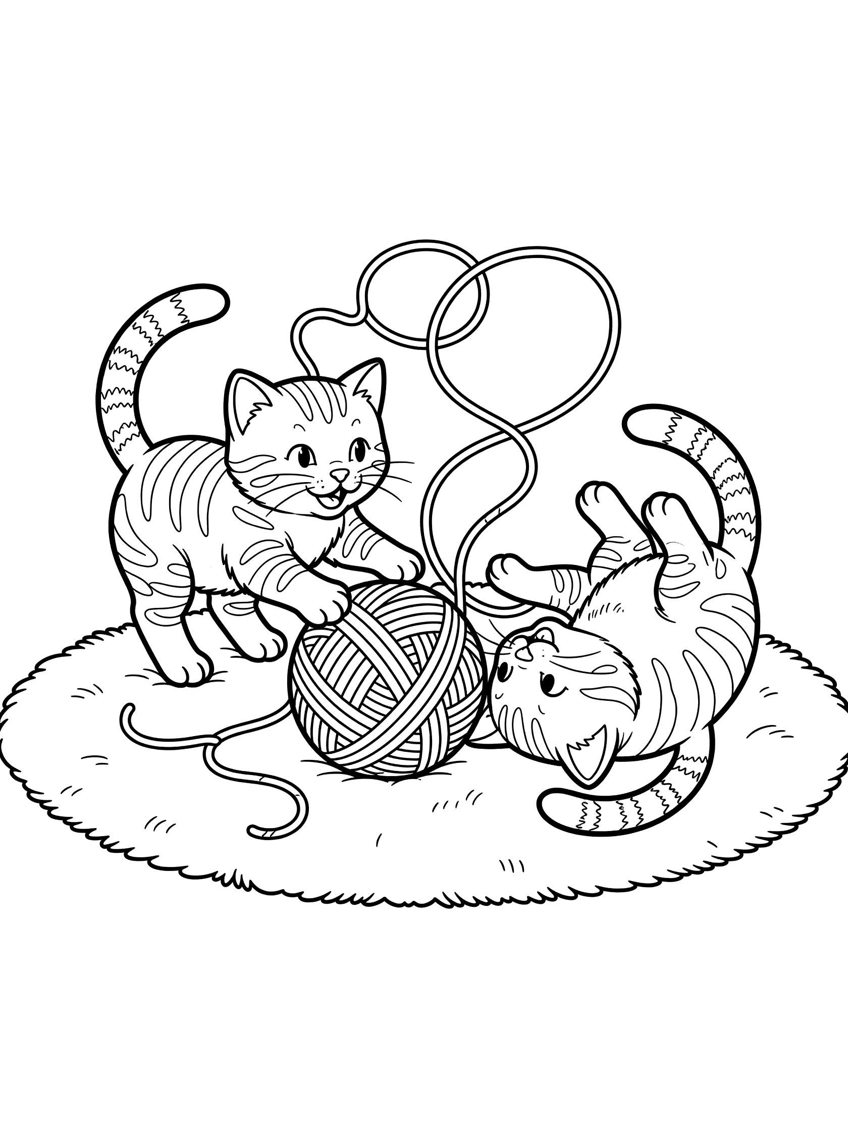 Black and white line art coloring page showing two tabby kittens playing with yarn, tails intertwined, on a soft rug