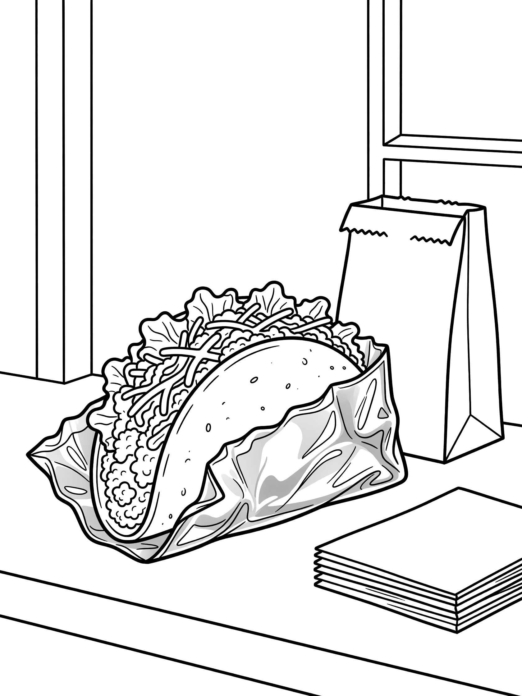 Black and white coloring page showing a taco being wrapped in crinkly foil with toppings like lettuce spilling out, beside a takeout bag and stack of napkins on a counter.
