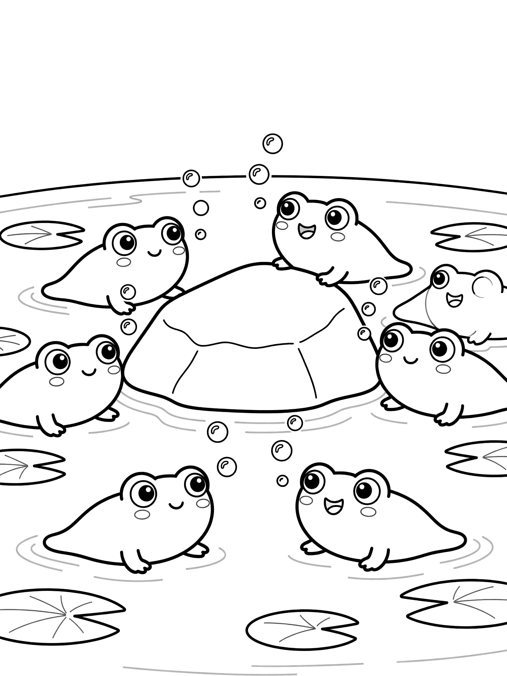 Black and white line art coloring page showing several cute tadpoles with happy faces around a central rock in a pond, bubbles floating up, and lily pad pieces nearby