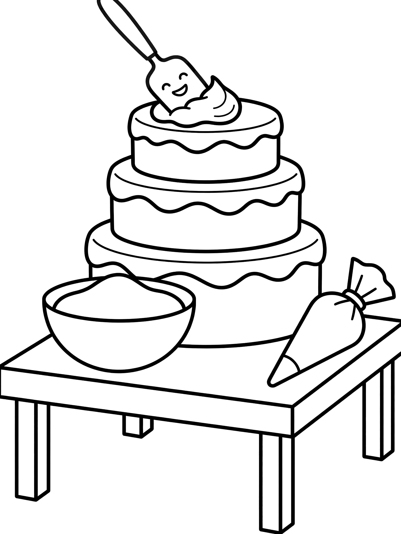 Cute cartoon coloring page showing a tall three-layer cake being frosted with a spatula, bowl of icing and piping bag on a table