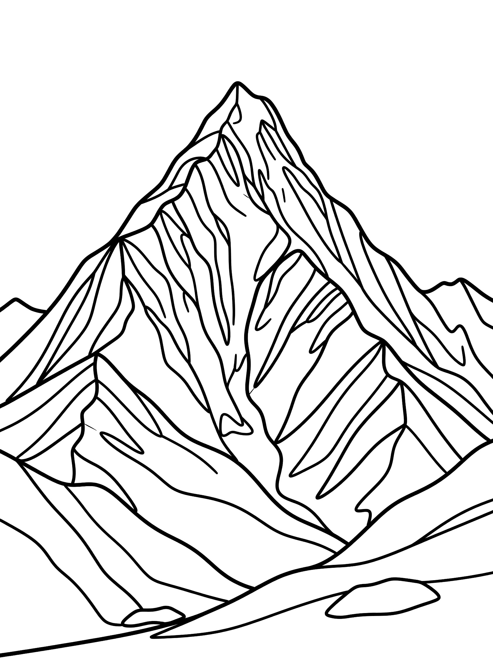Black and white line art coloring page of a tall pointed mountain peak with steep rocky slopes and minimal base details on white background. Makalu themed black and white printable line art
