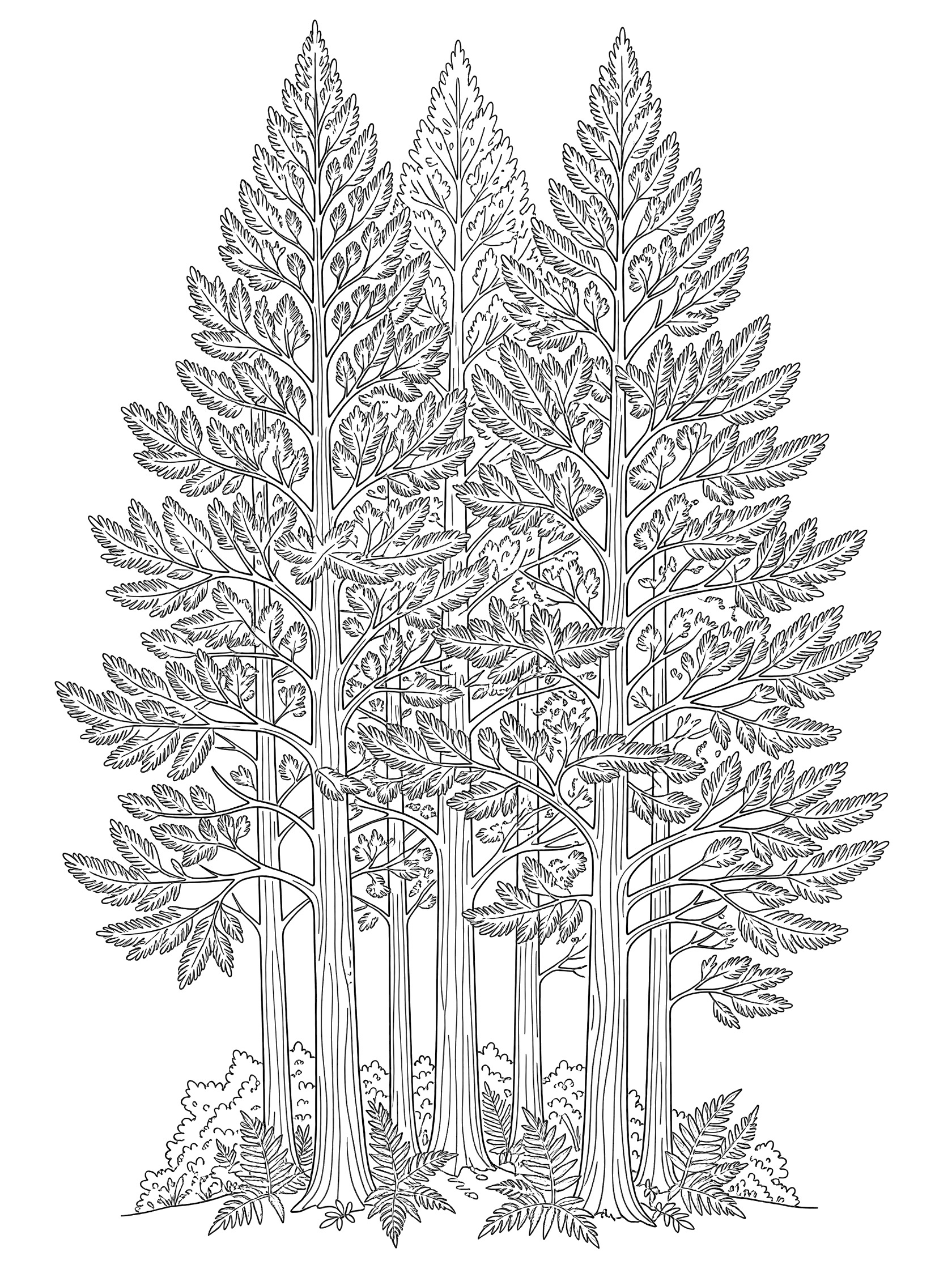Black and white line art coloring page of three tall pine trees with overlapping branches, needle leaves, ferns, and bushes on the ground. Cypress Tree themed black and white printable line art