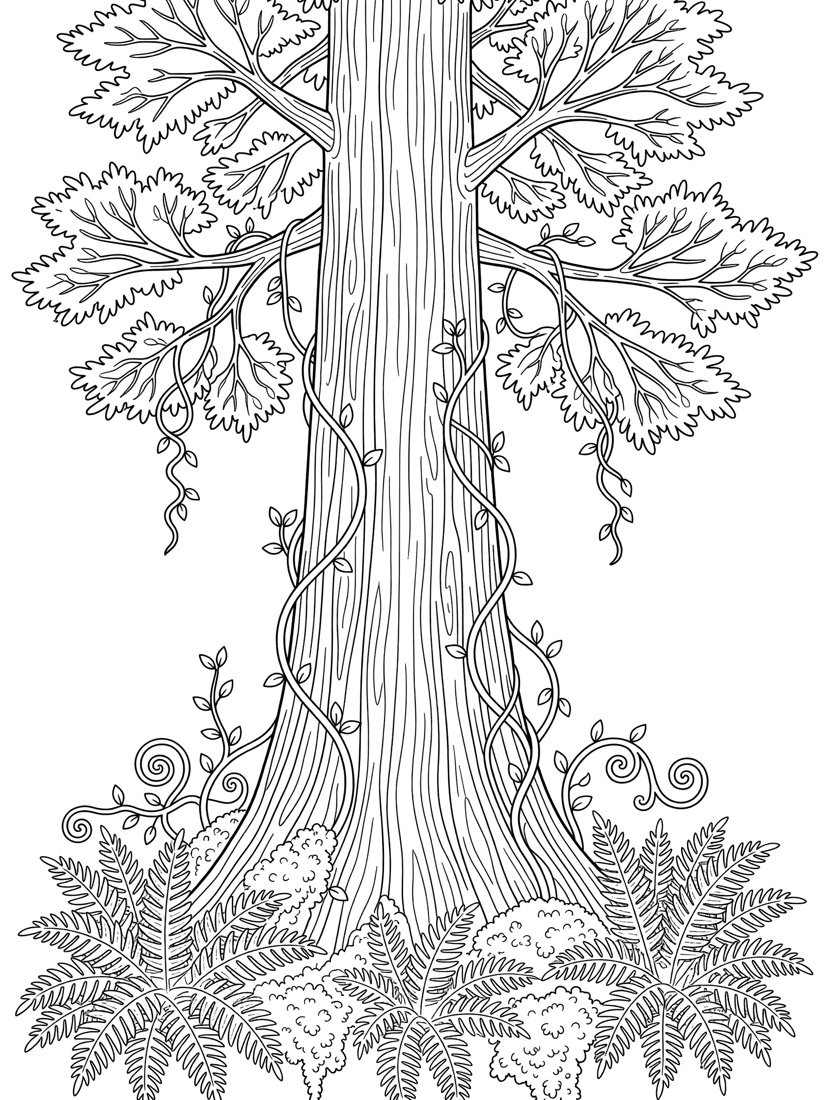 Black and white line art coloring page of a tall tree trunk with vines wrapping around it and ferns growing at the bottom on a white background. Redwood Tree themed black and white printable line art