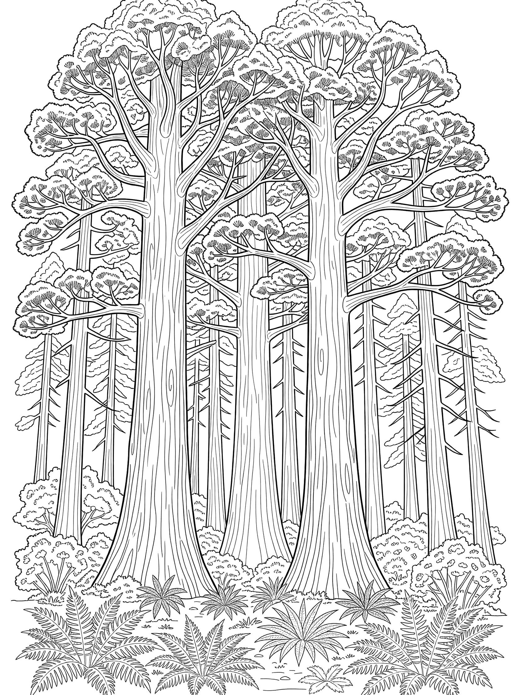 Black and white line art coloring page showing several tall trees with branching tops and ferns and bushes at the bottom. Sequoia Tree themed black and white printable line art