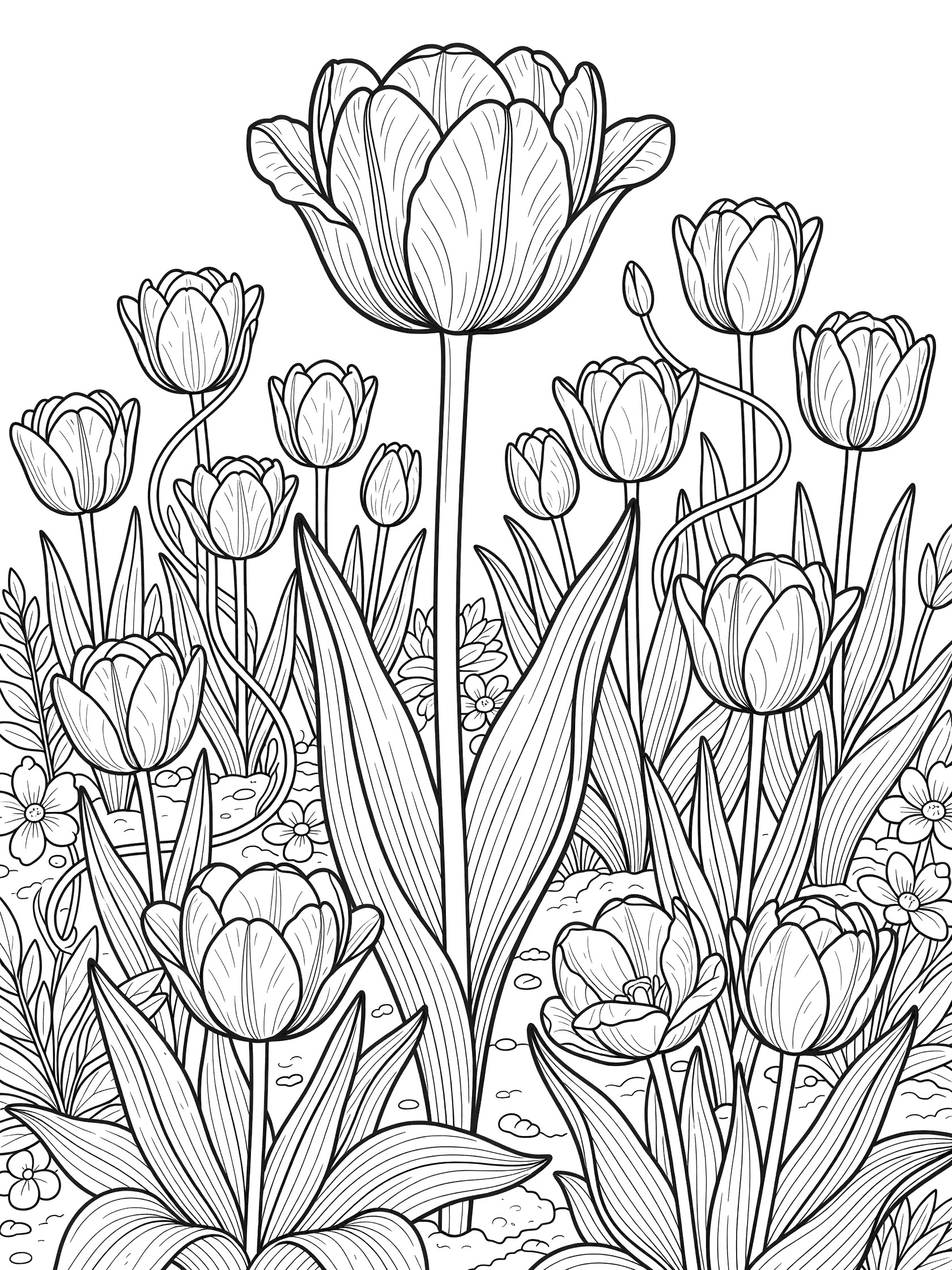 Black and white coloring page of a tall tulip in a garden with shorter tulips, broad leaves, textured soil, and layered plants.