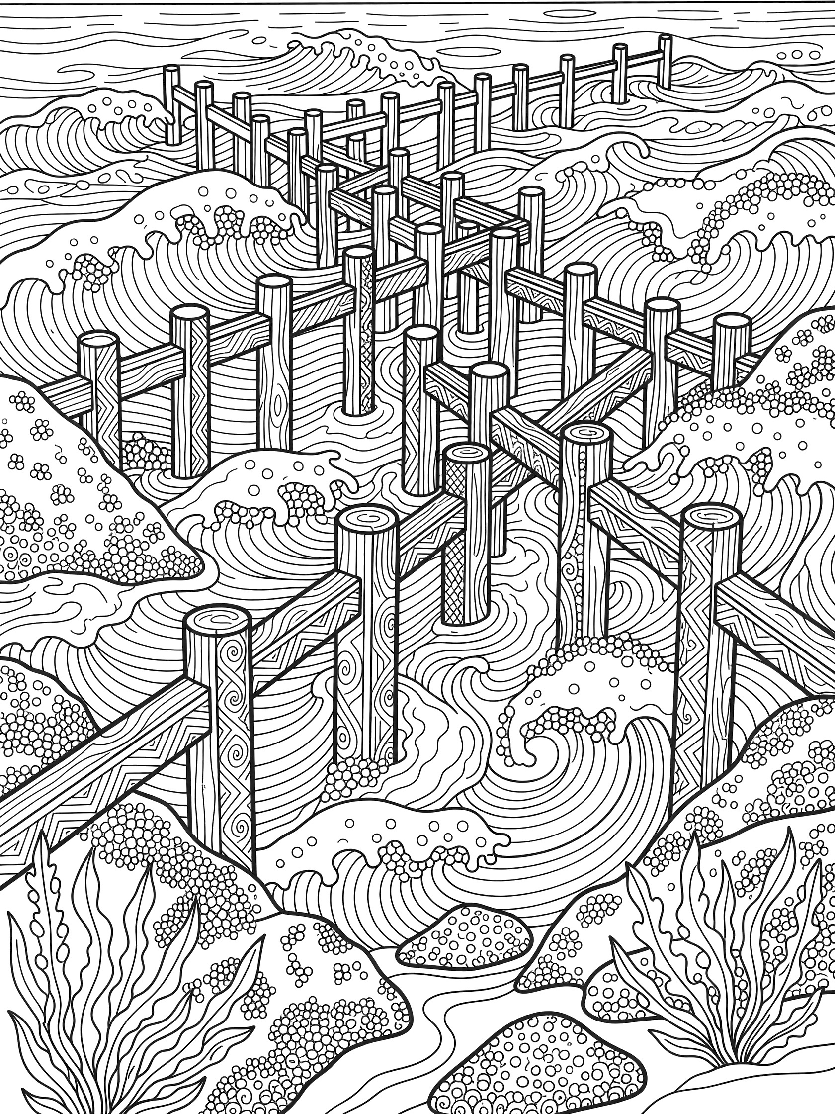 Zentangle coloring page showing tangled jetties extending from rocky shore into swirling waves, with intricate patterns of pilings, rocks, and seaweed.