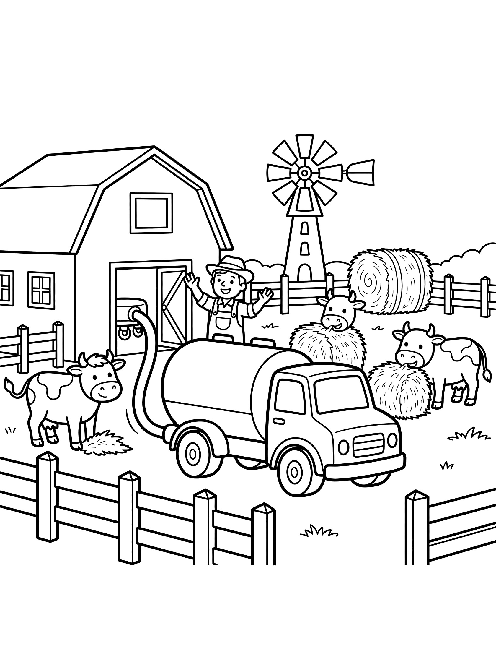 Cute cartoon coloring page showing a tanker truck parked at a farm, hose from barn to truck, cows eating hay, smiling farmer waving, fences and windmill.