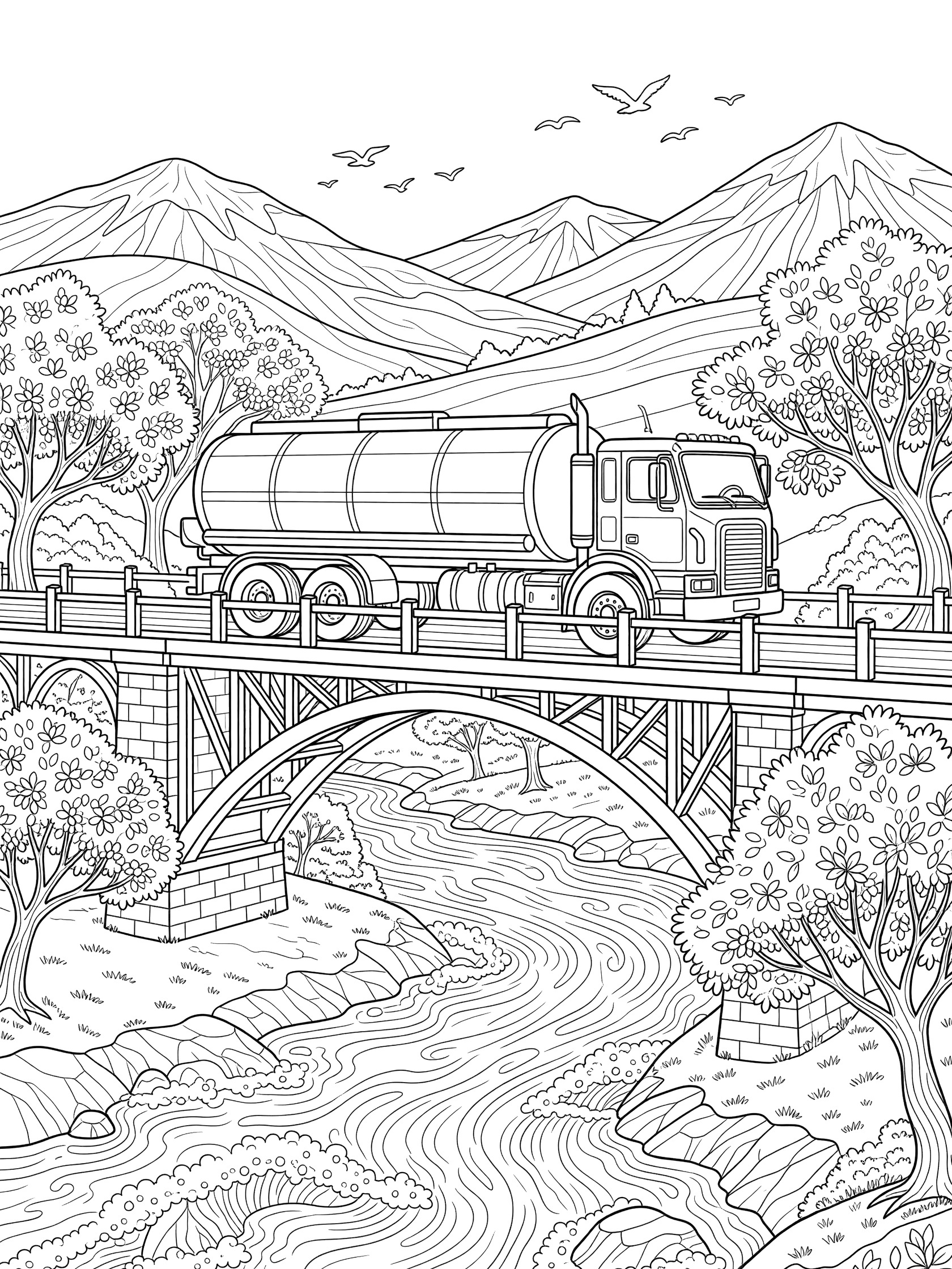 Black and white coloring page showing a tanker truck midway on a long arched bridge over a river with waves, rocks, trees on banks, rolling hills, mountains, and flying birds.