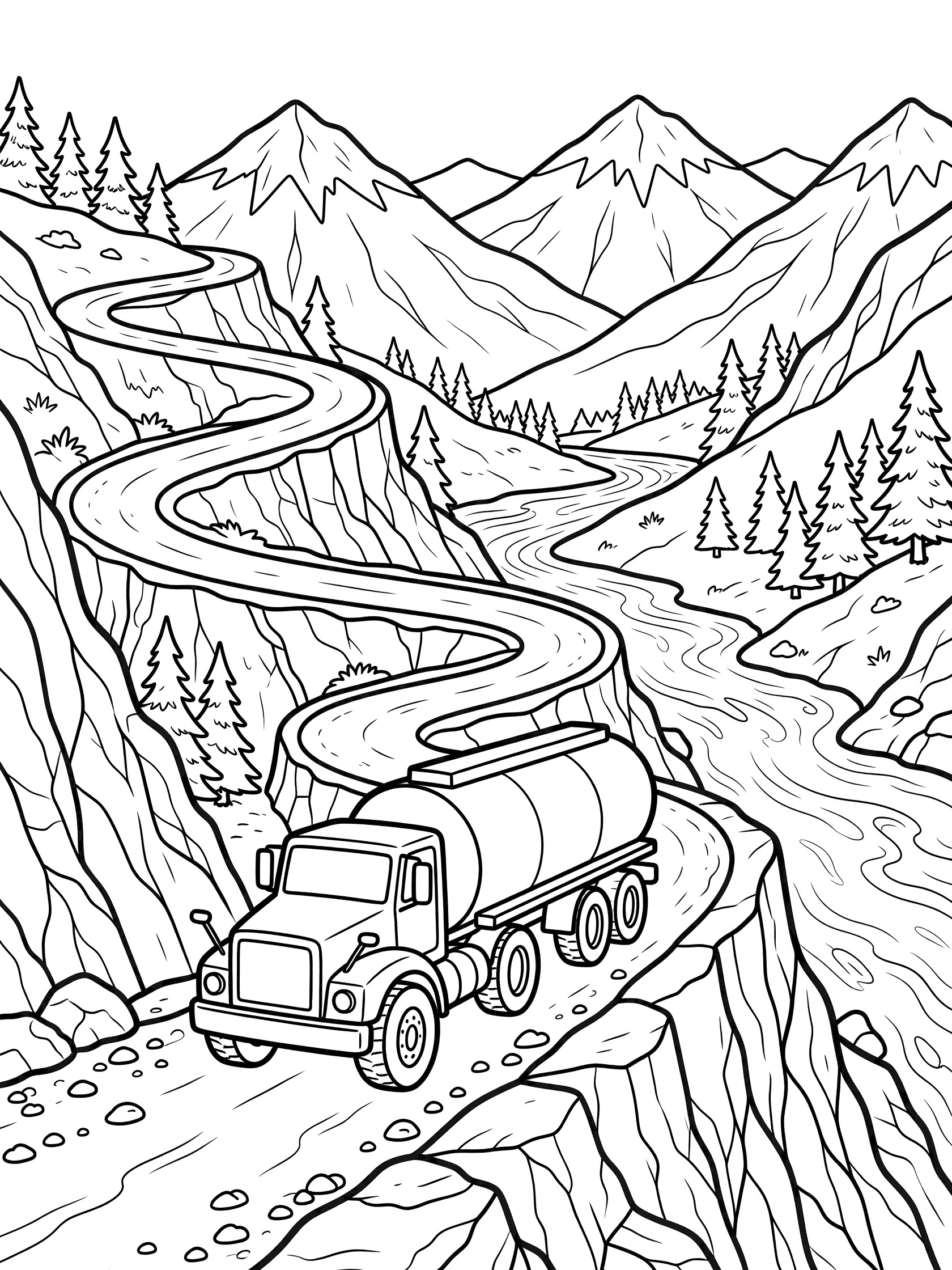Black and white line art coloring page of a tanker truck on a curvy mountain road adventure with big wheels, headlights, pine trees, river valley, and distant peaks.
