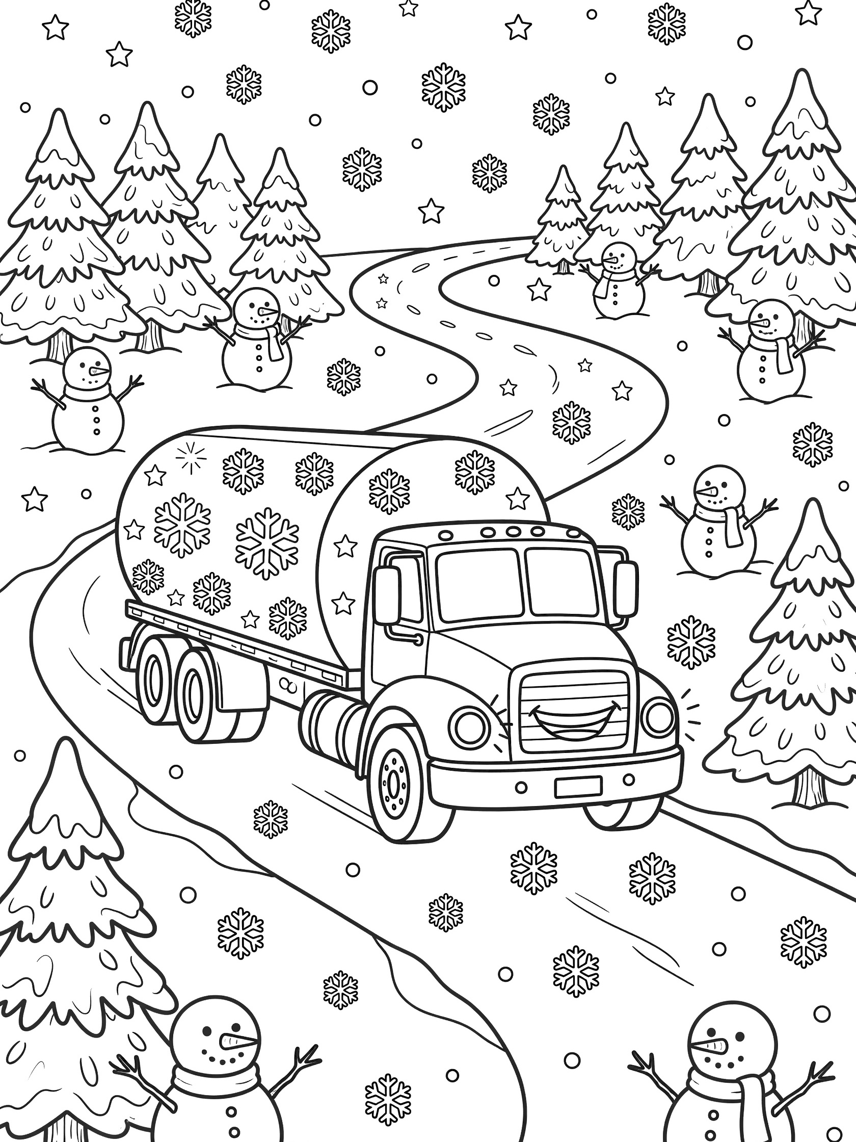 Black and white line art of a smiling tanker truck with snowflake designs on a winter road, surrounded by falling snow, frosted trees, and happy snowmen.