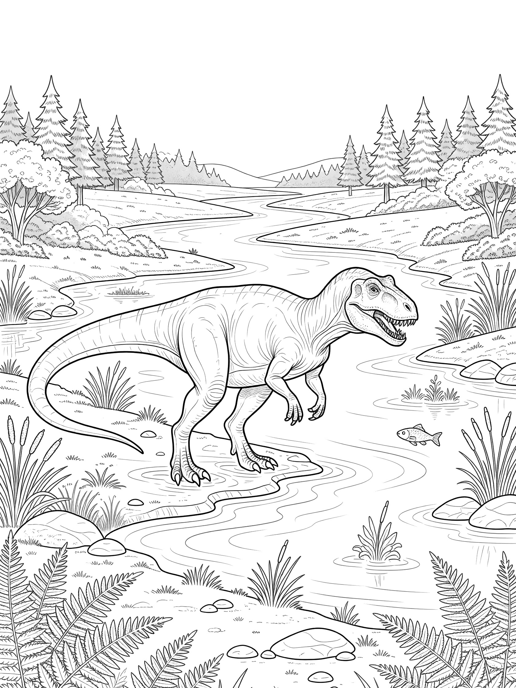 Black-and-white coloring page of a Tarbosaurus dinosaur by a river, with one foot in the water, open jaws, ferns, rocks, reeds, fish, and prehistoric trees in the background.