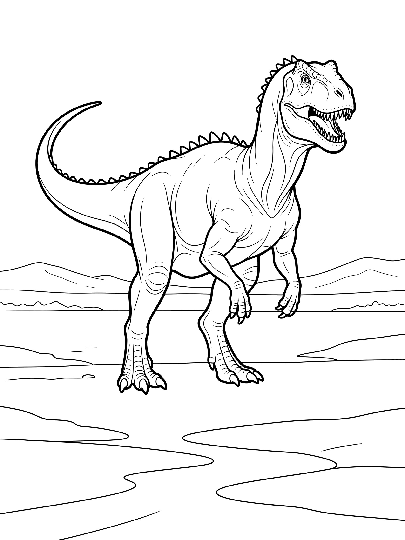 Black and white line art of a large Tarbosaurus dinosaur standing on hind legs on a plain with mountains in background, coloring book style.