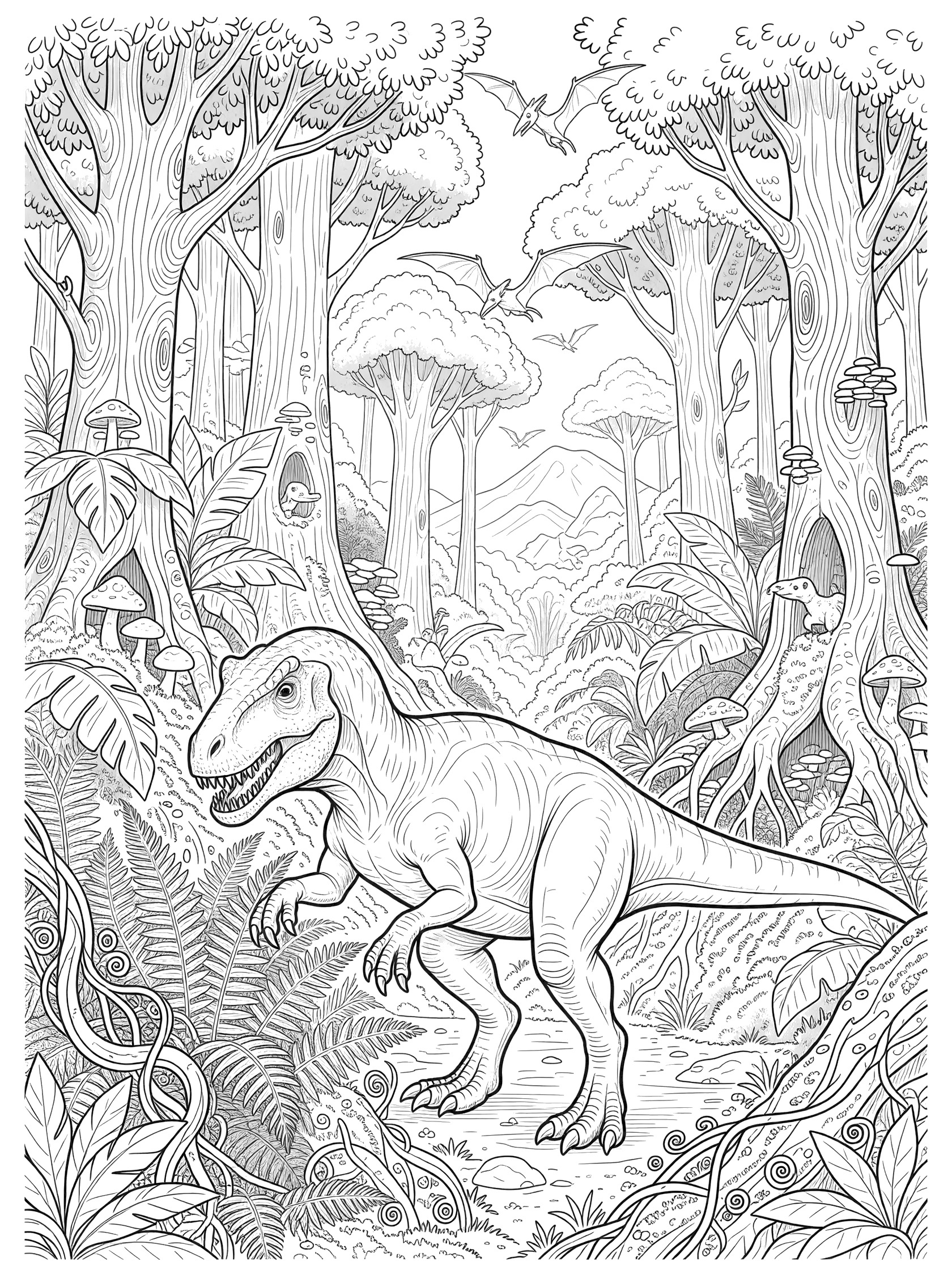 Black and white coloring page showing a Tarbosaurus dinosaur exploring a prehistoric forest with tall trees, vines, ferns, mushrooms, and distant hills